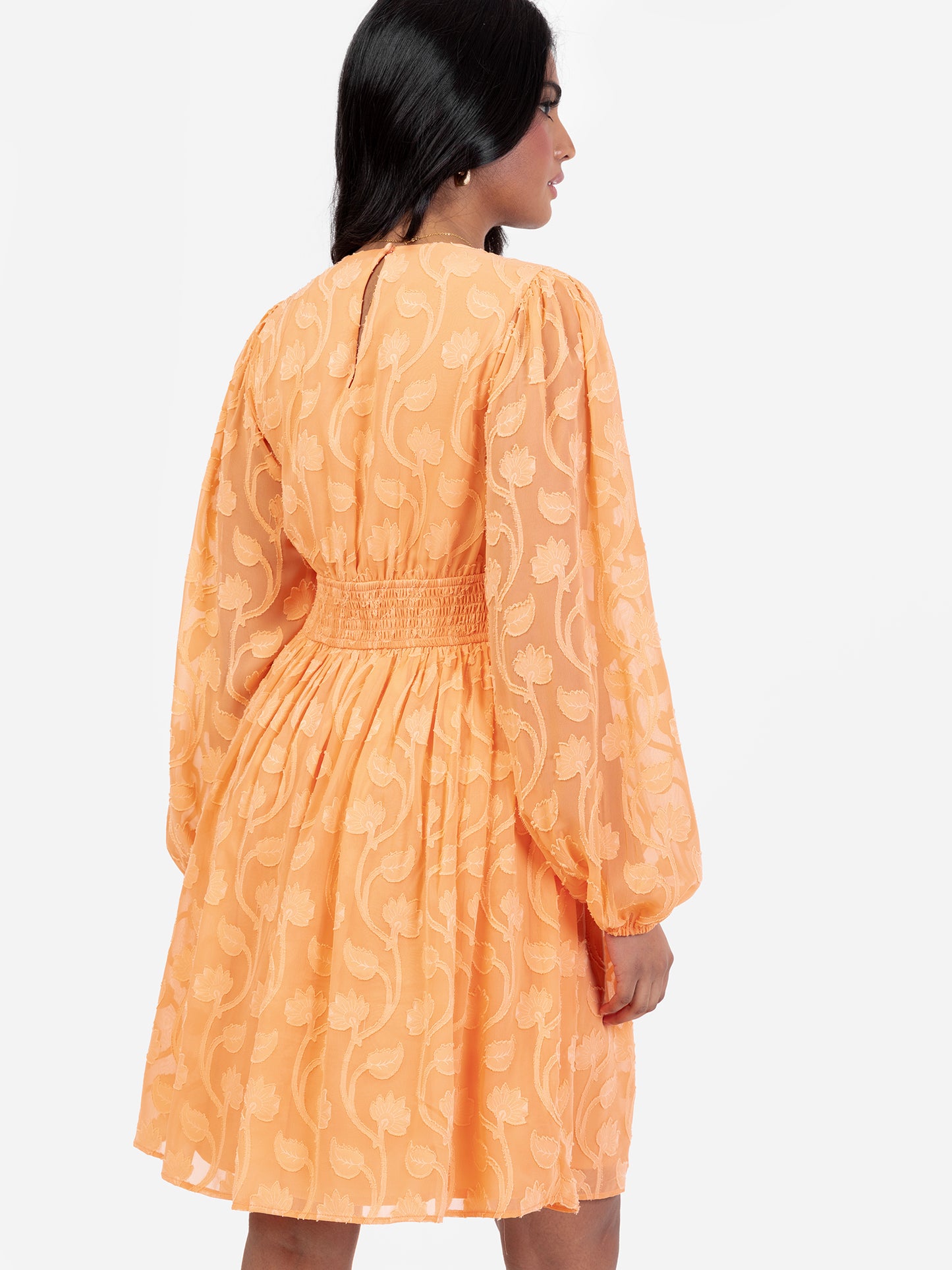 Lovedrobe Orange Long Sleeve Floral Burn Out Mini Dress