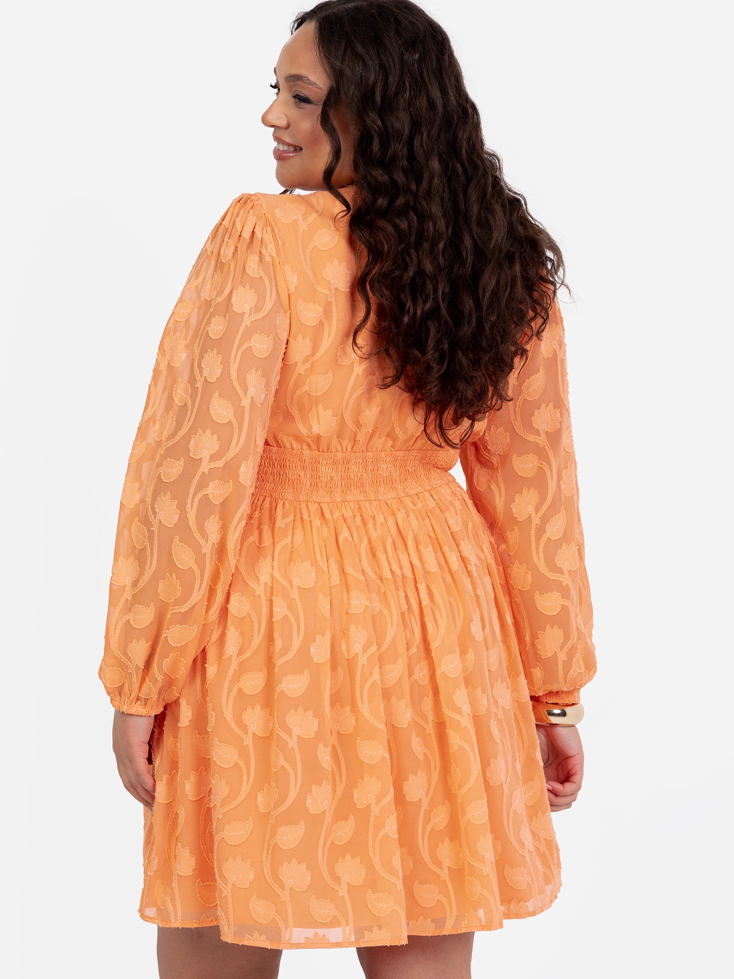 Lovedrobe Orange Long Sleeve Floral Burn Out Mini Dress
