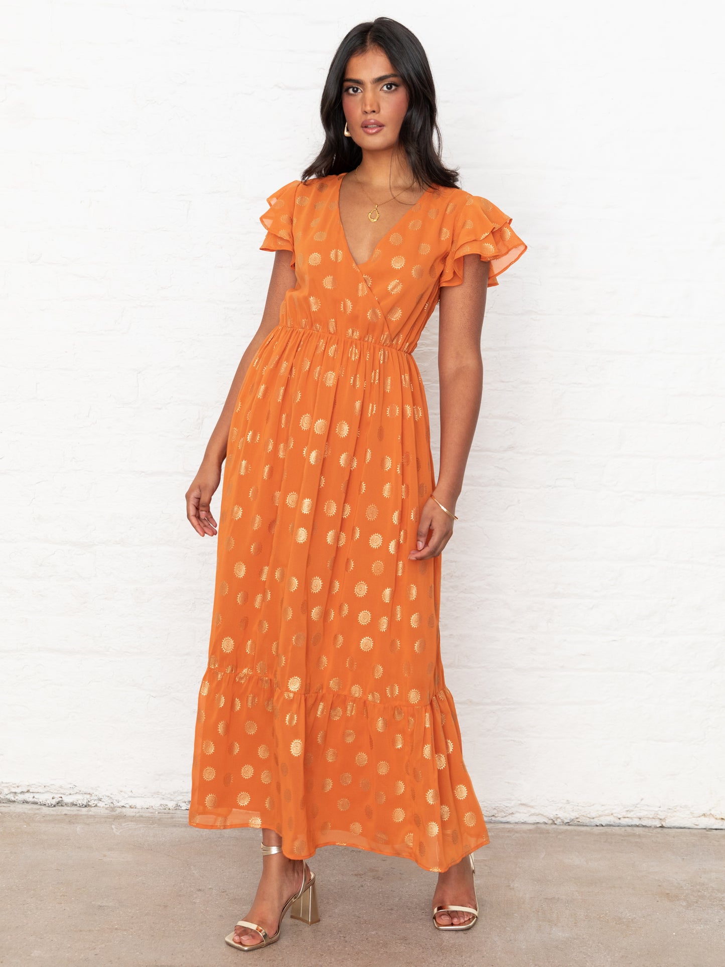 Lovedrobe Orange V Neck & Flutter Sleeve Metallic Detail Midi Dress