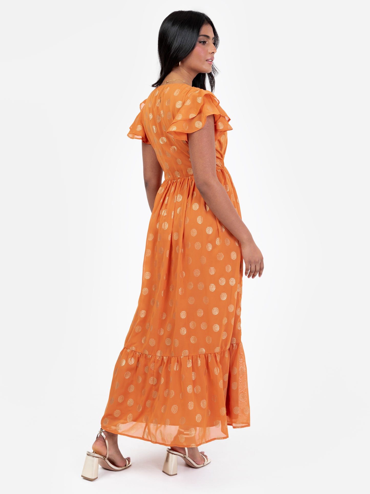 Lovedrobe Orange V Neck & Flutter Sleeve Metallic Detail Midi Dress