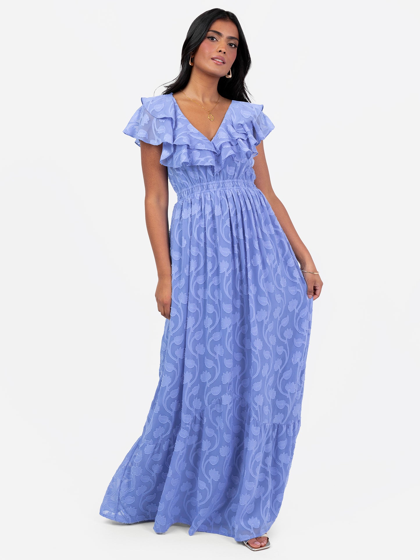 Lovedrobe Blue Ruffle V Neck Floral Burn Out Maxi Dress
