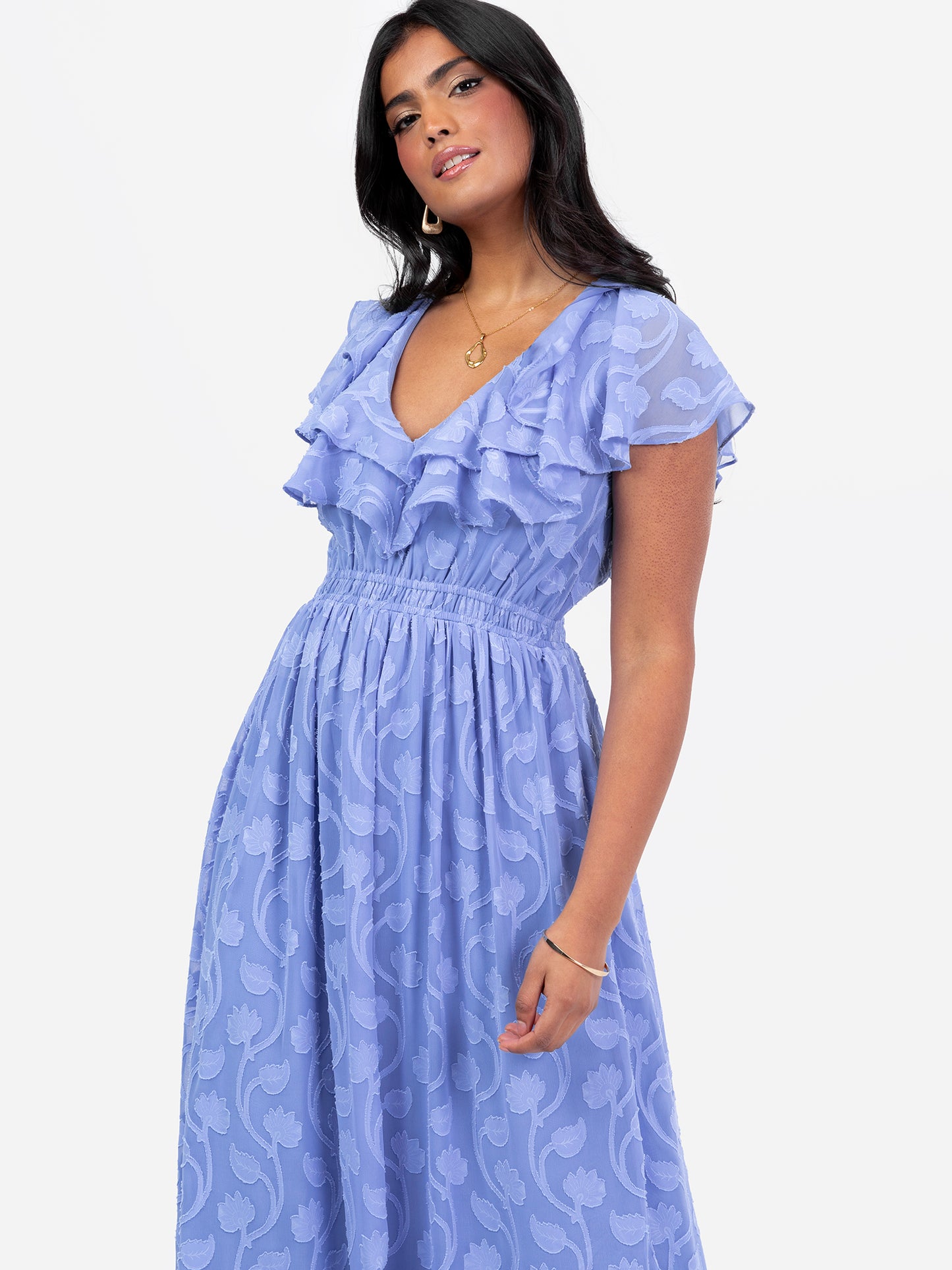 Lovedrobe Blue Ruffle V Neck Floral Burn Out Maxi Dress