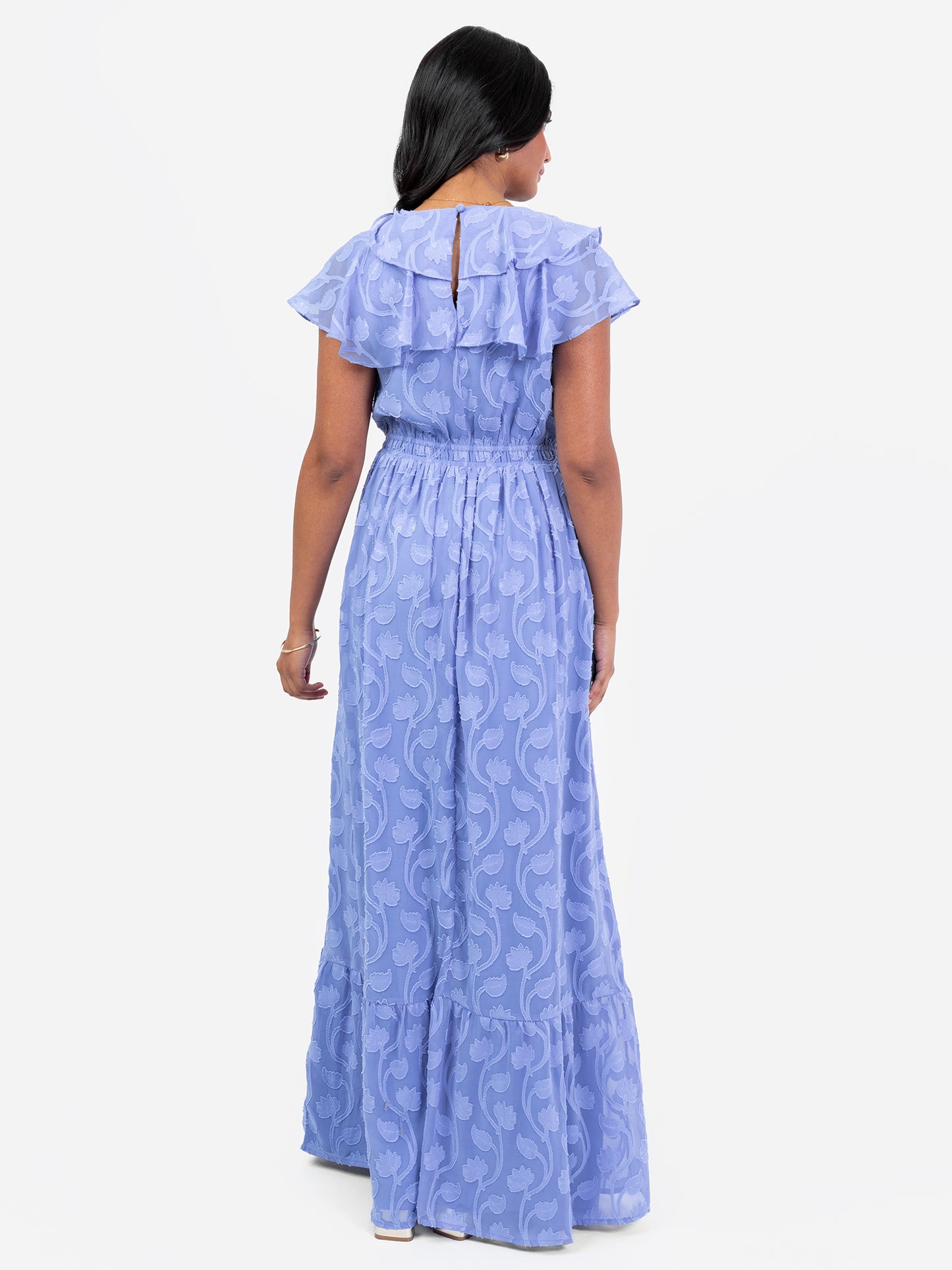 Lovedrobe Blue Ruffle V Neck Floral Burn Out Maxi Dress