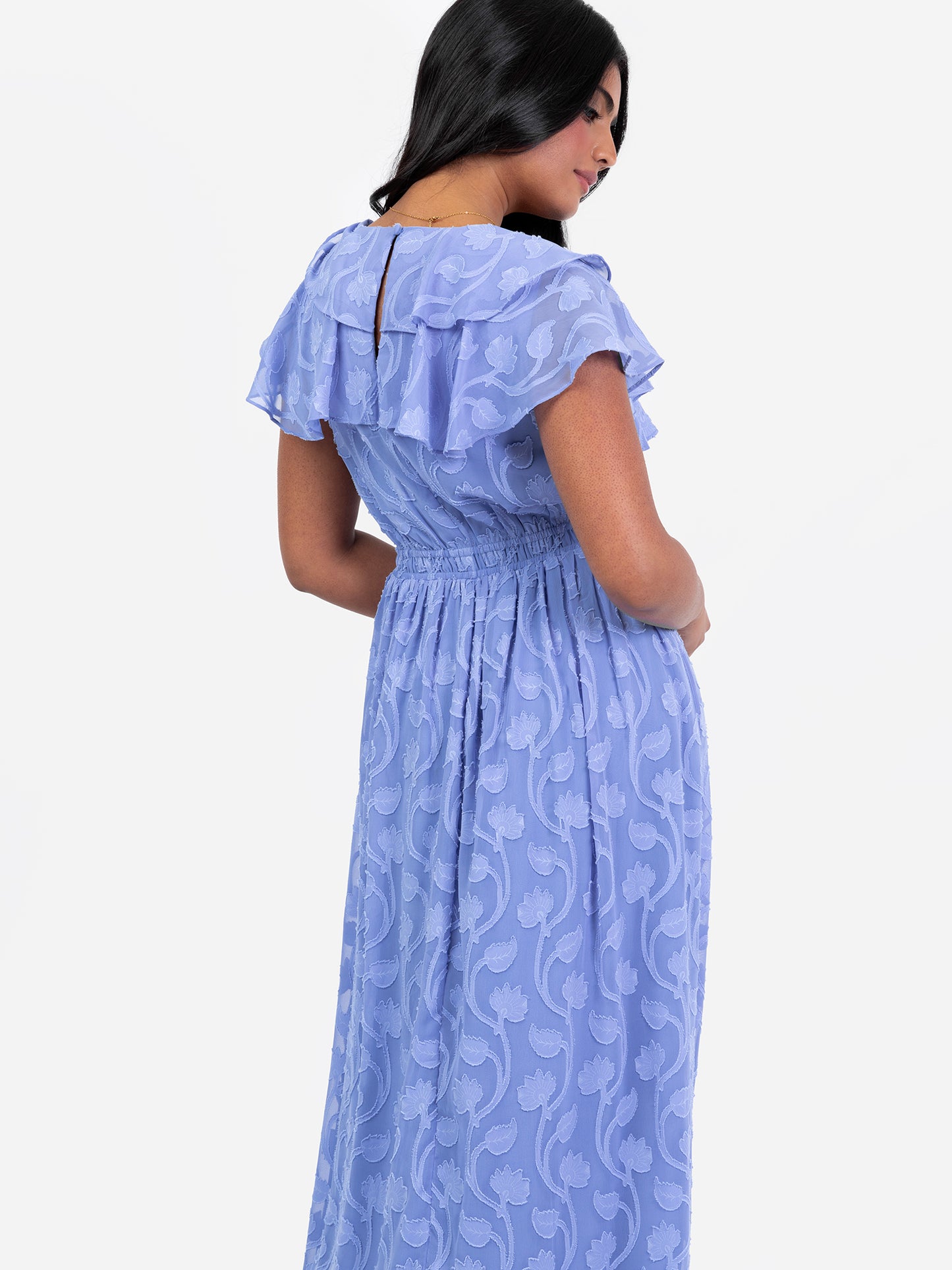 Lovedrobe Blue Ruffle V Neck Floral Burn Out Maxi Dress