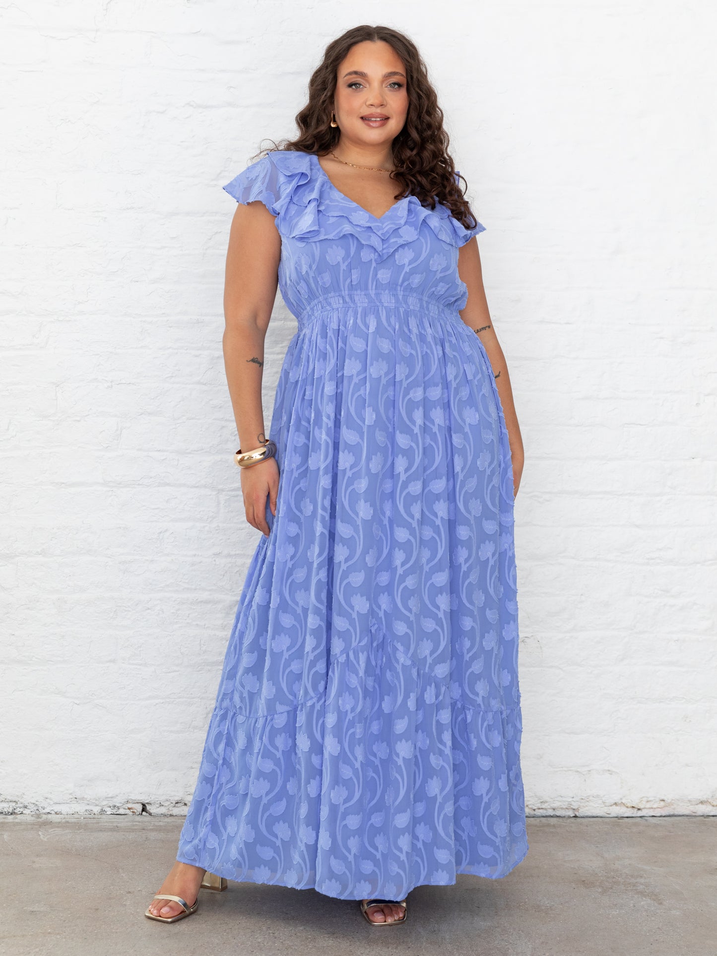 Lovedrobe Blue Ruffle V Neck Floral Burn Out Maxi Dress