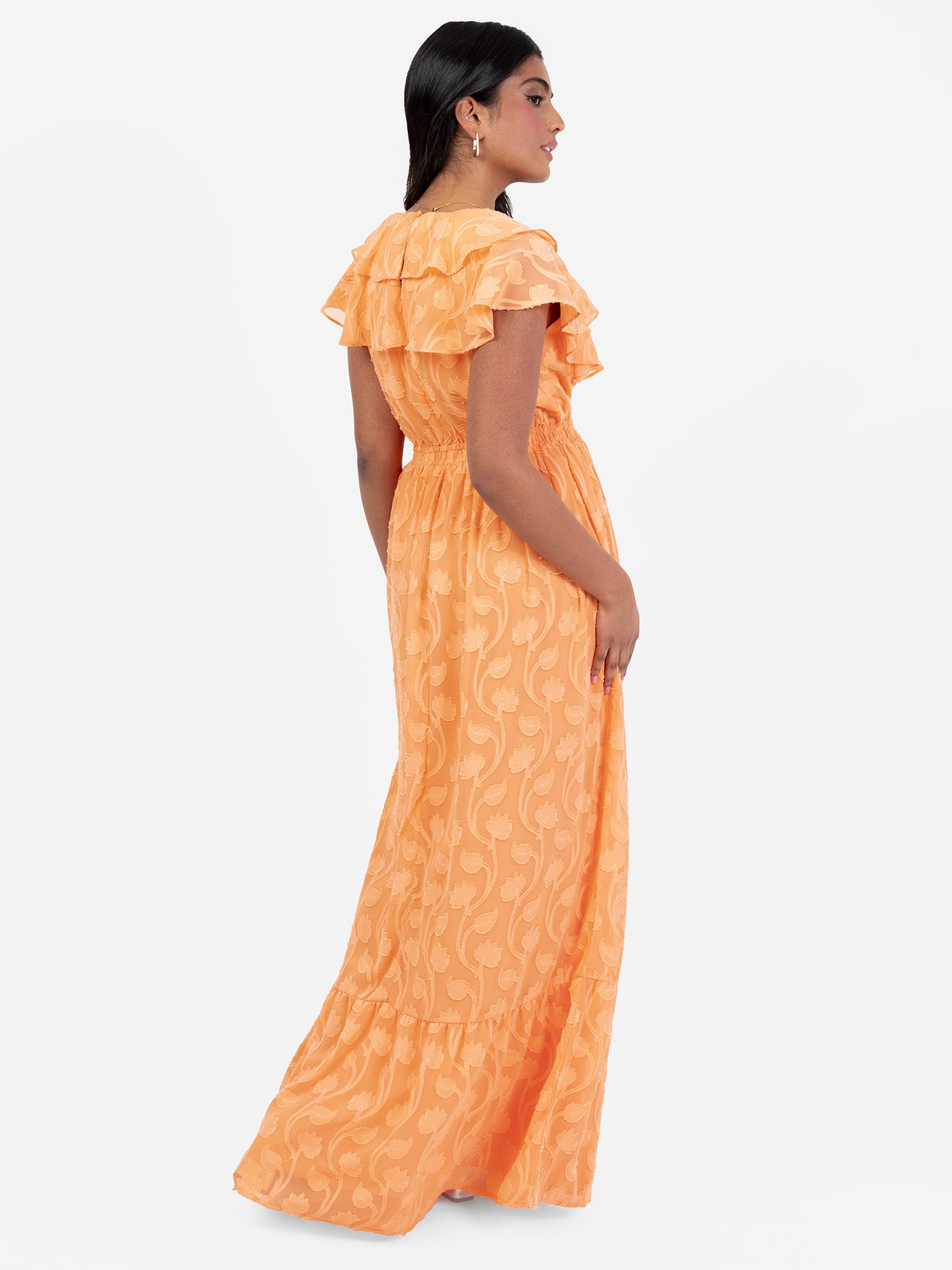 Lovedrobe Orange Ruffle V Neck Floral Burn Out Maxi Dress