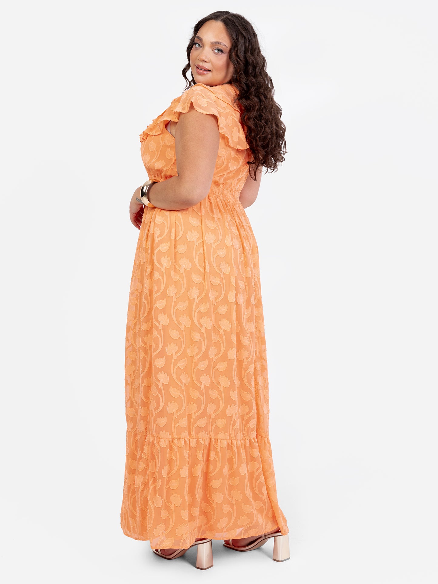 Lovedrobe Orange Ruffle V Neck Floral Burn Out Maxi Dress