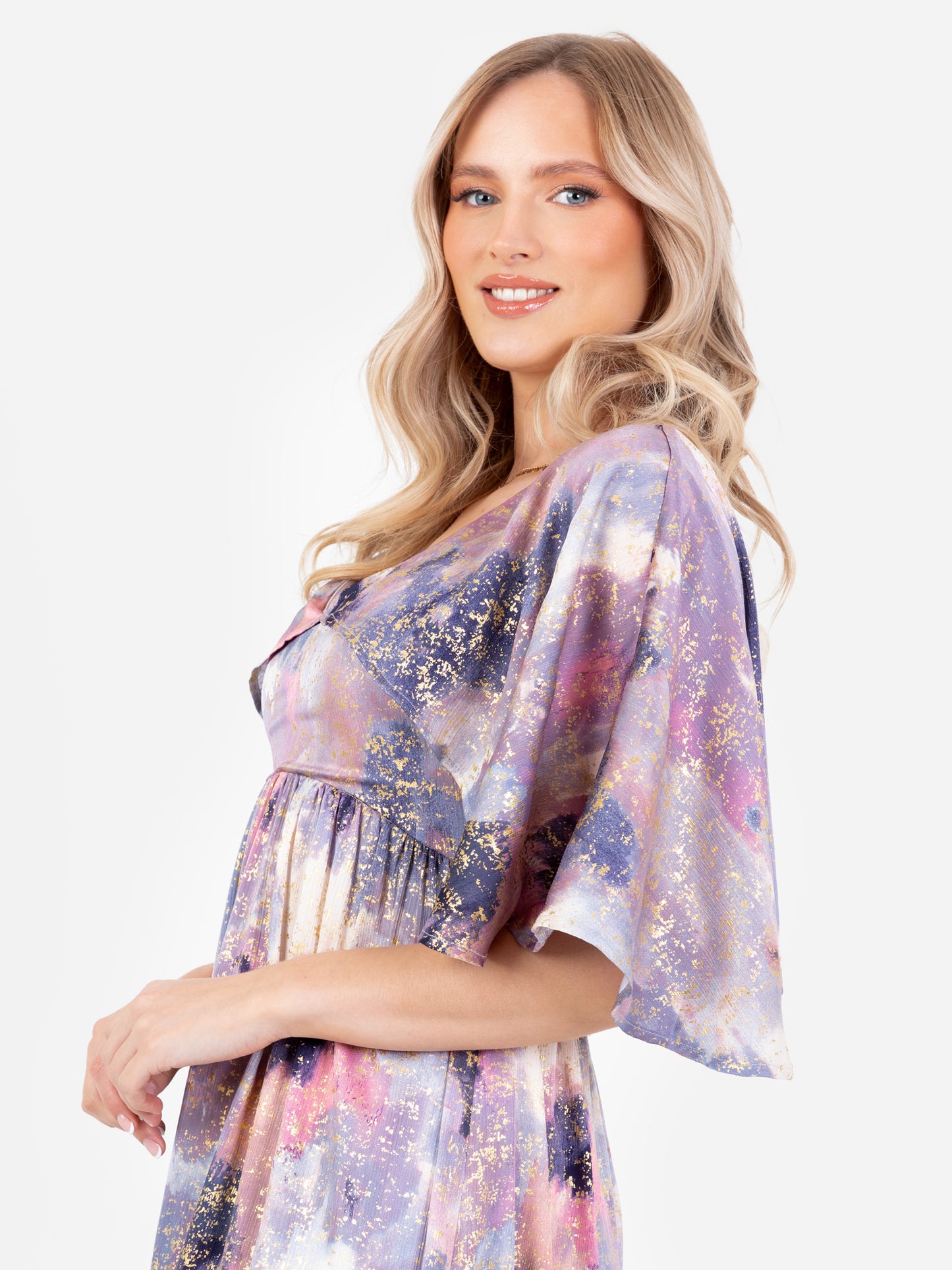 Lovedrobe Purple Cape Sleeve High-Low Tiered Dress with Metallic Detail