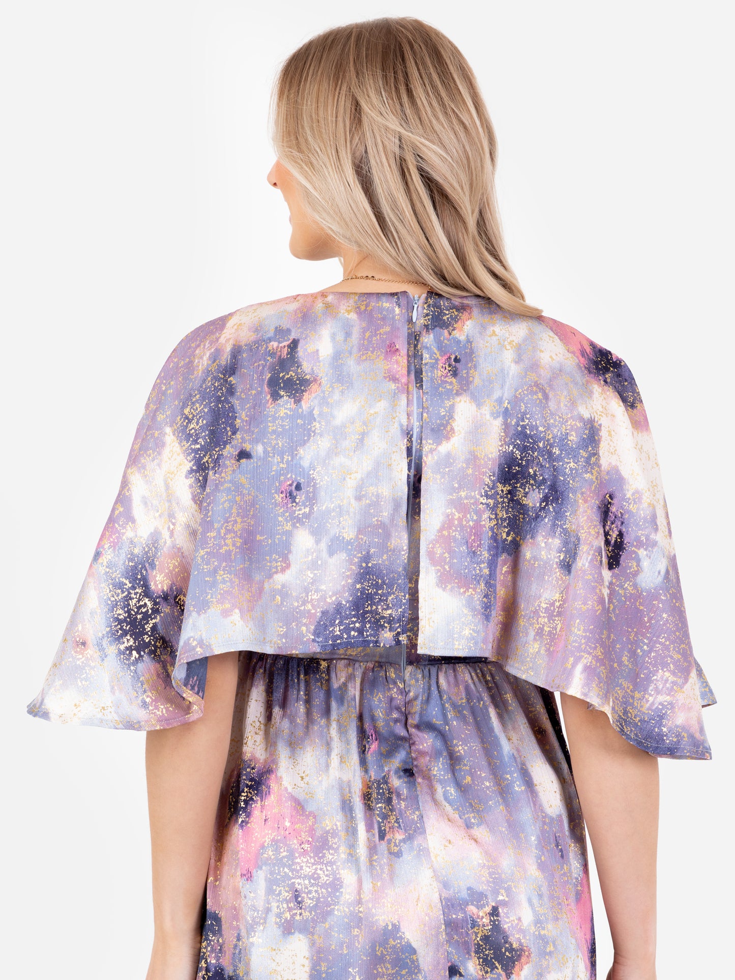 Lovedrobe Purple Cape Sleeve High-Low Tiered Dress with Metallic Detail