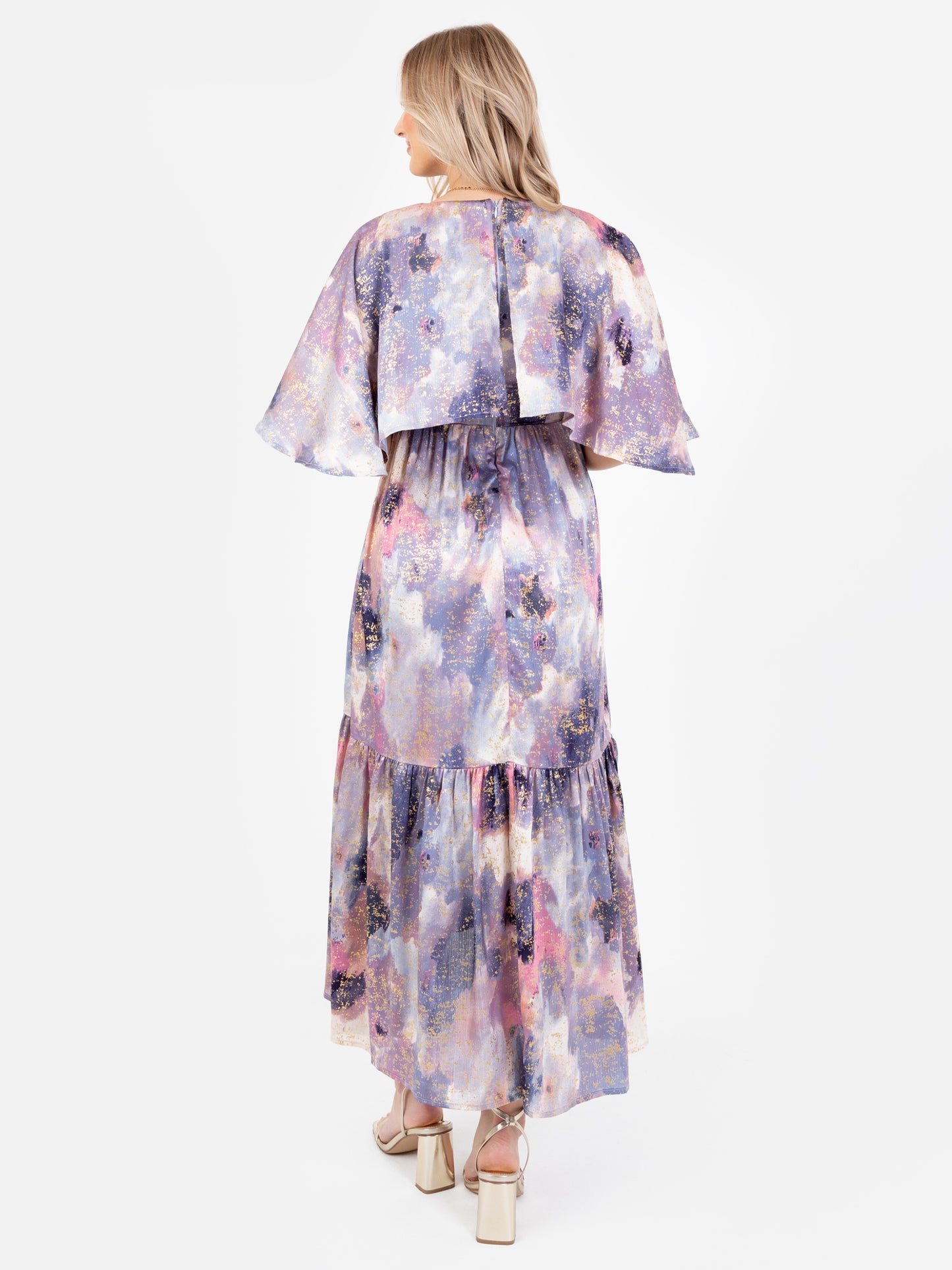 Lovedrobe Purple Cape Sleeve High-Low Tiered Dress with Metallic Detail