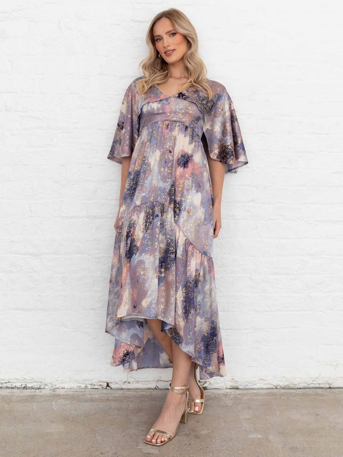 Lovedrobe Purple Cape Sleeve High-Low Tiered Dress with Metallic Detail