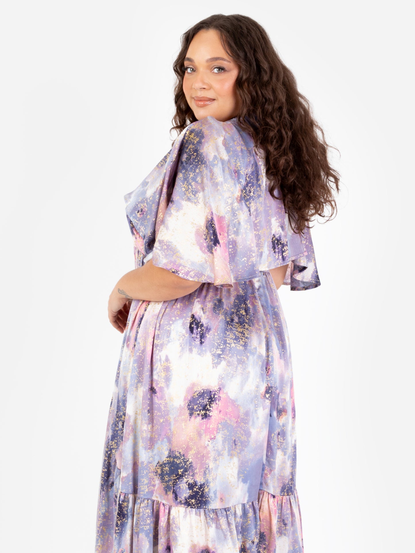 Lovedrobe Purple Cape Sleeve High-Low Tiered Dress with Metallic Detail