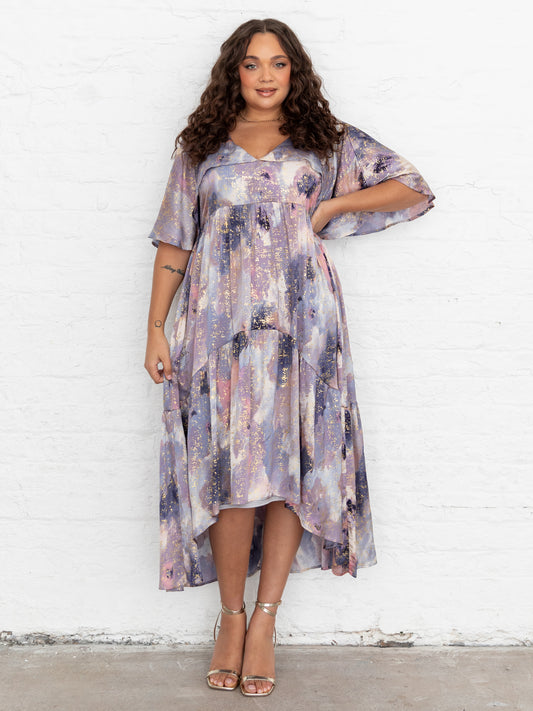 Lovedrobe Purple Cape Sleeve High-Low Tiered Dress with Metallic Detail
