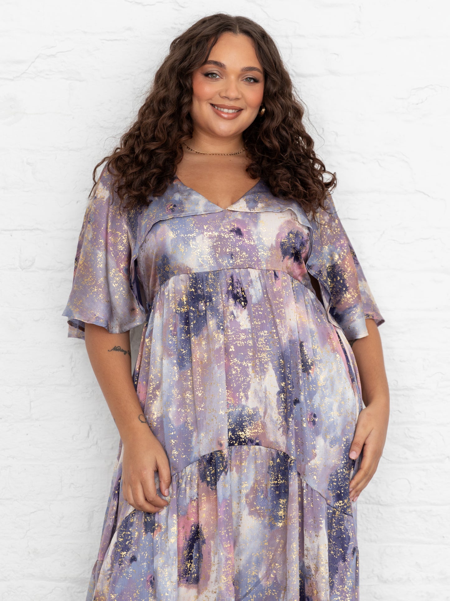 Lovedrobe Purple Cape Sleeve High-Low Tiered Dress with Metallic Detail