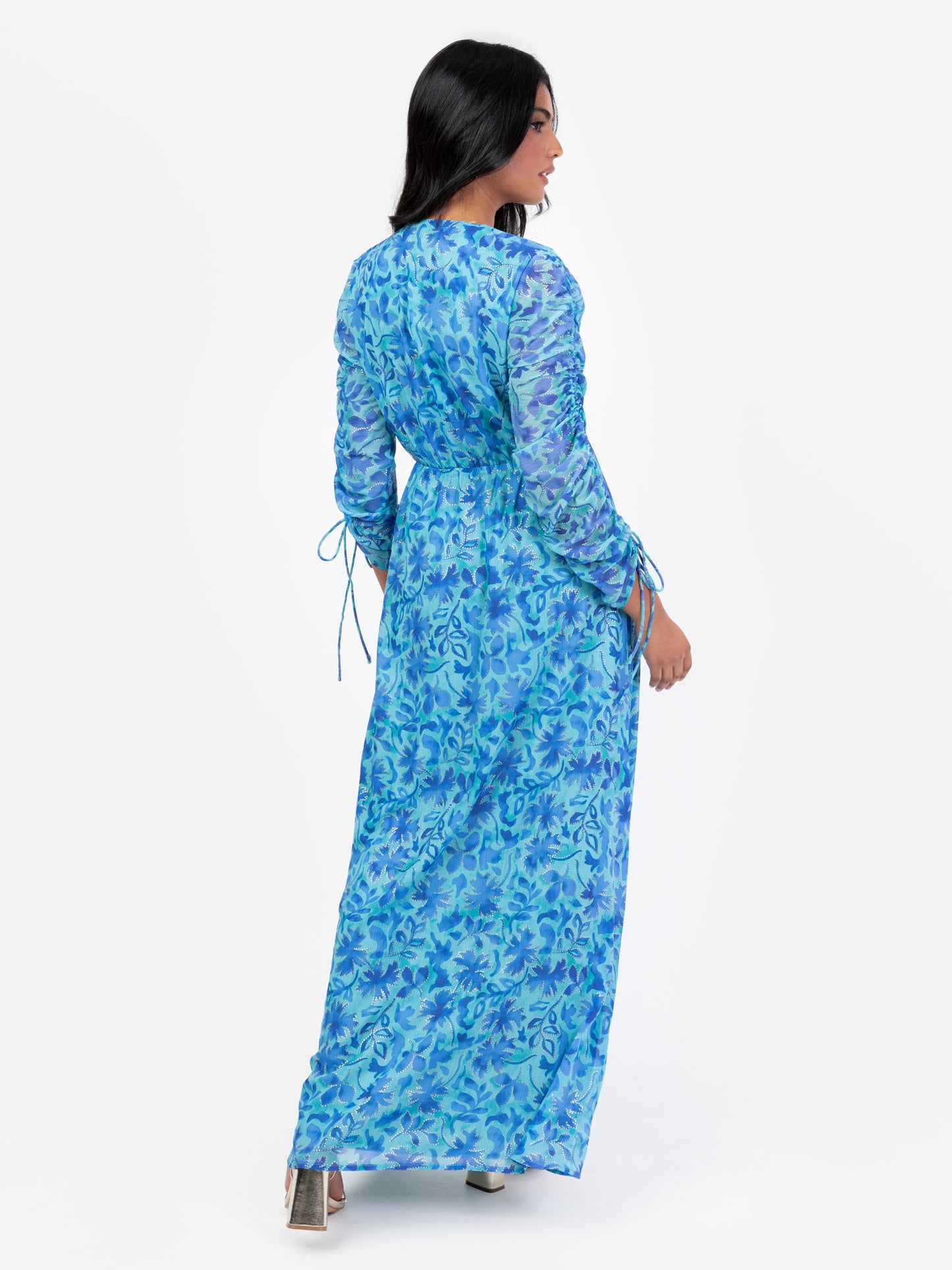 Lovedrobe Blue Floral Maxi with Ruched Sleeves and Metallic Detail