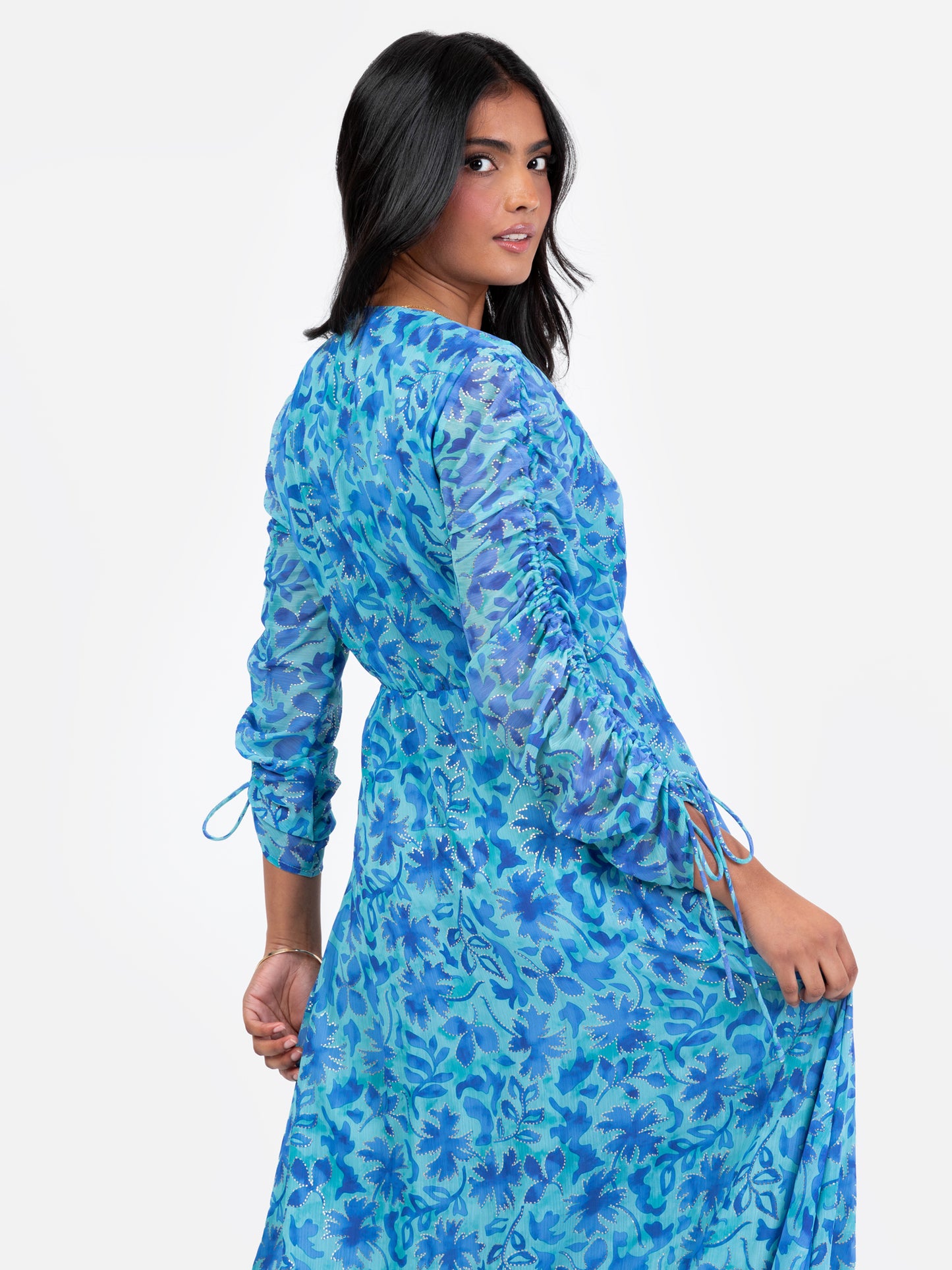 Lovedrobe Blue Floral Maxi with Ruched Sleeves and Metallic Detail