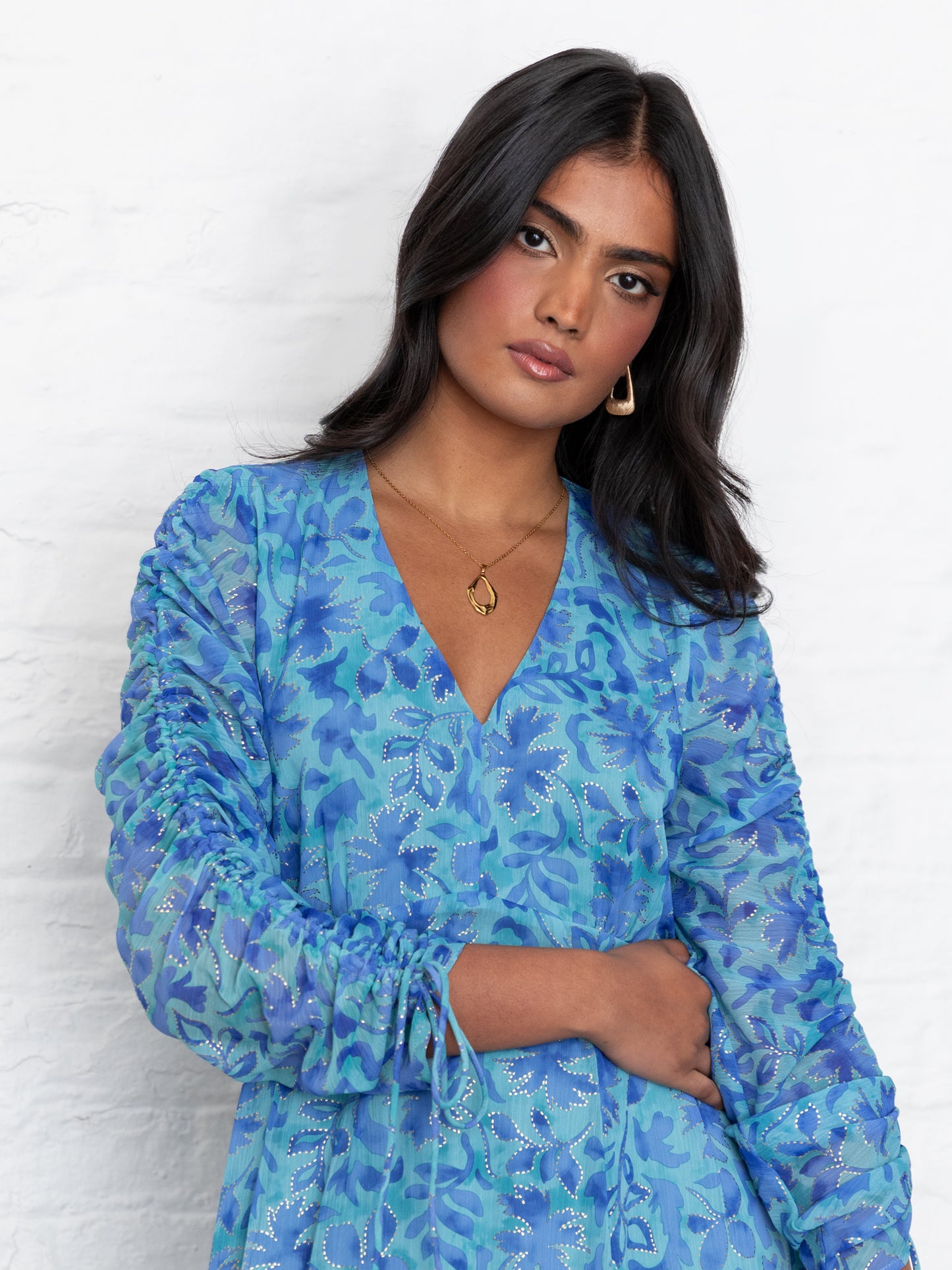 Lovedrobe Blue Floral Maxi with Ruched Sleeves and Metallic Detail