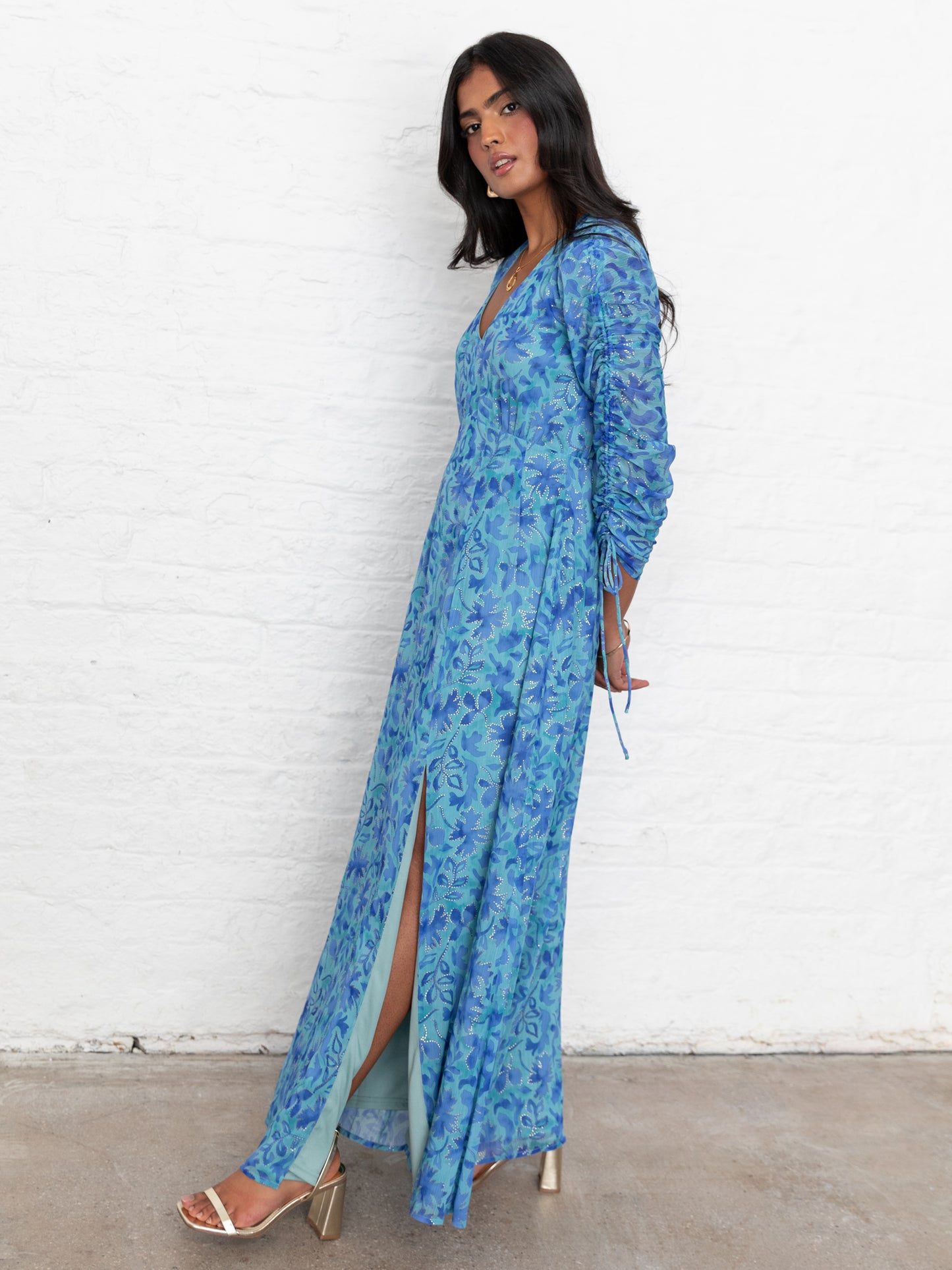 Lovedrobe Blue Floral Maxi with Ruched Sleeves and Metallic Detail