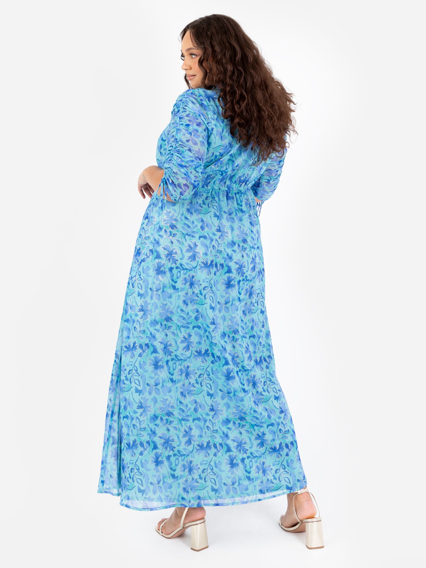 Lovedrobe Blue Floral Maxi with Ruched Sleeves and Metallic Detail