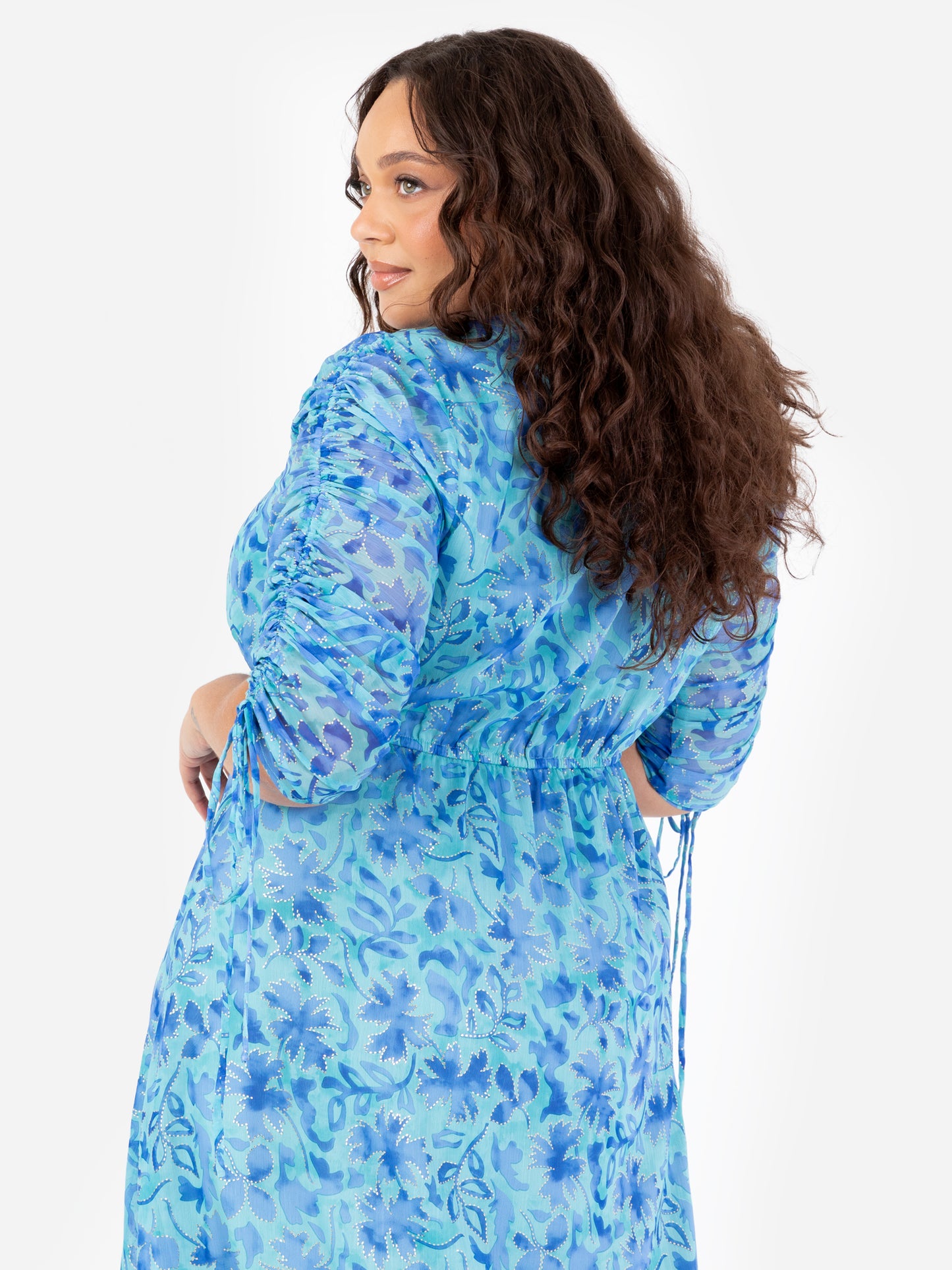 Lovedrobe Blue Floral Maxi with Ruched Sleeves and Metallic Detail