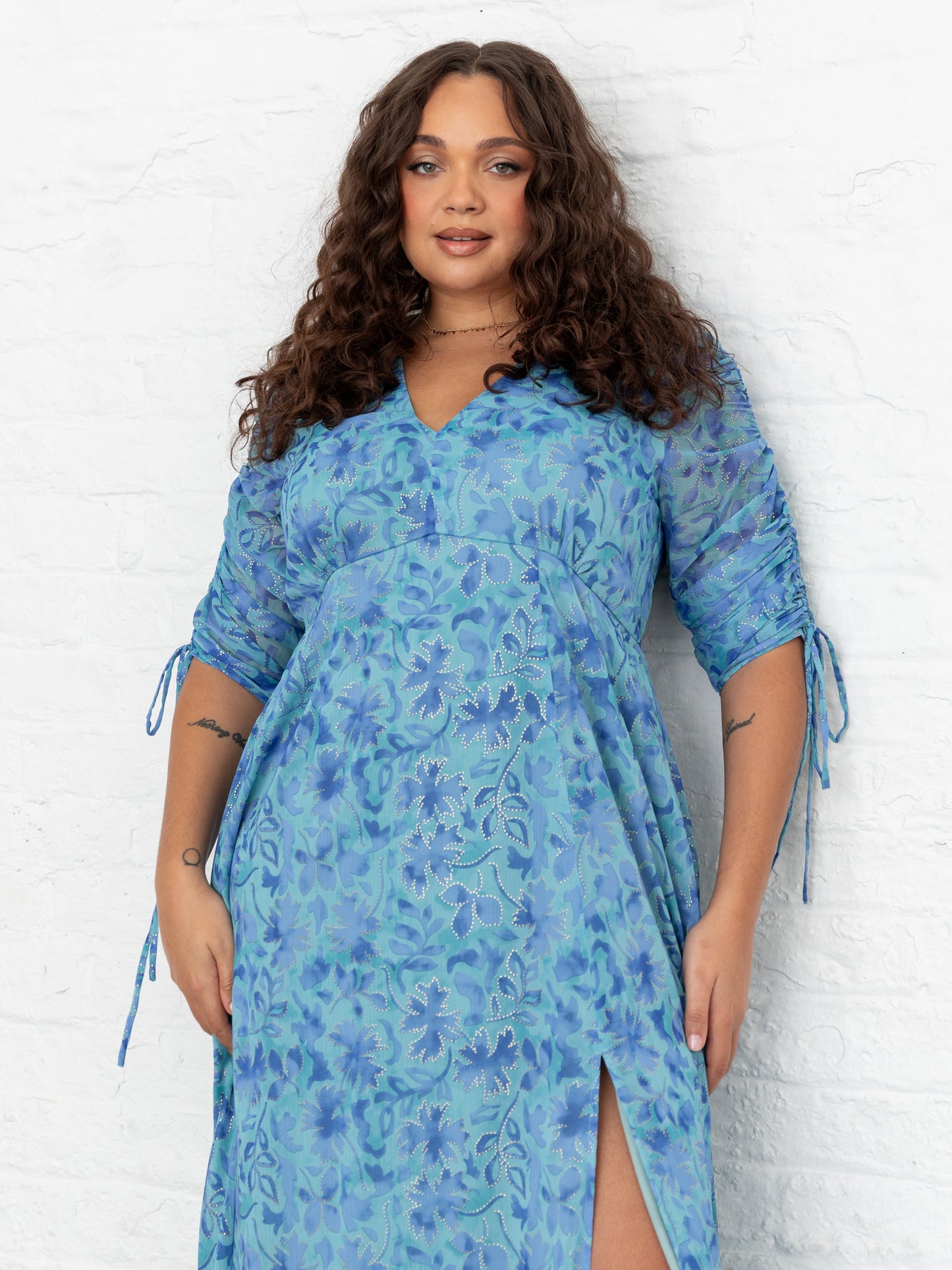 Lovedrobe Blue Floral Maxi with Ruched Sleeves and Metallic Detail