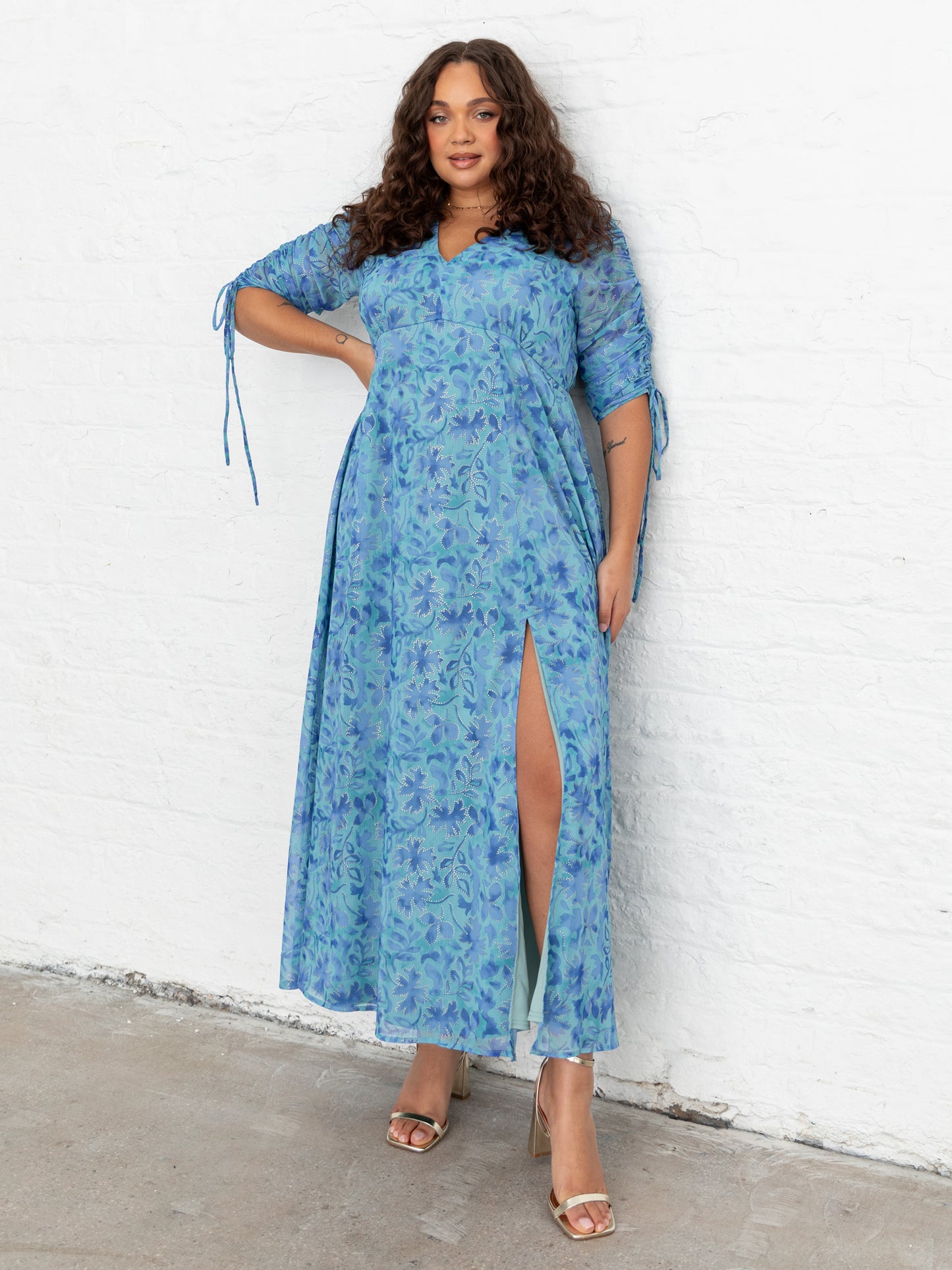 Lovedrobe Blue Floral Maxi with Ruched Sleeves and Metallic Detail
