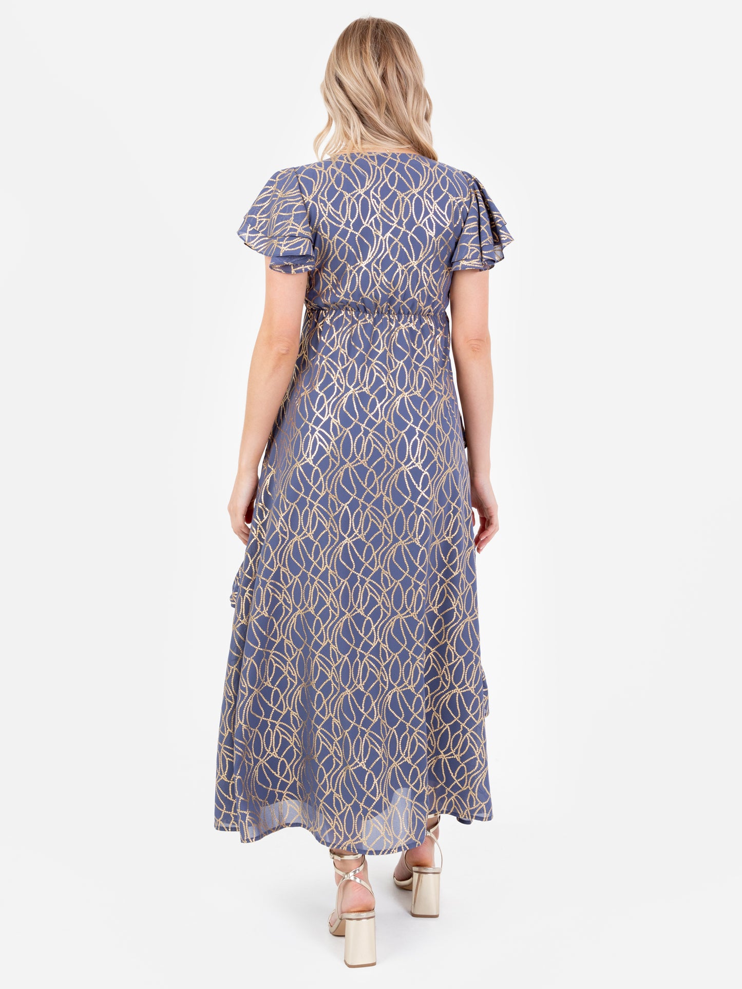 Lovedrobe V Neck Flutter Sleeve Midaxi Dress with Gold Detail