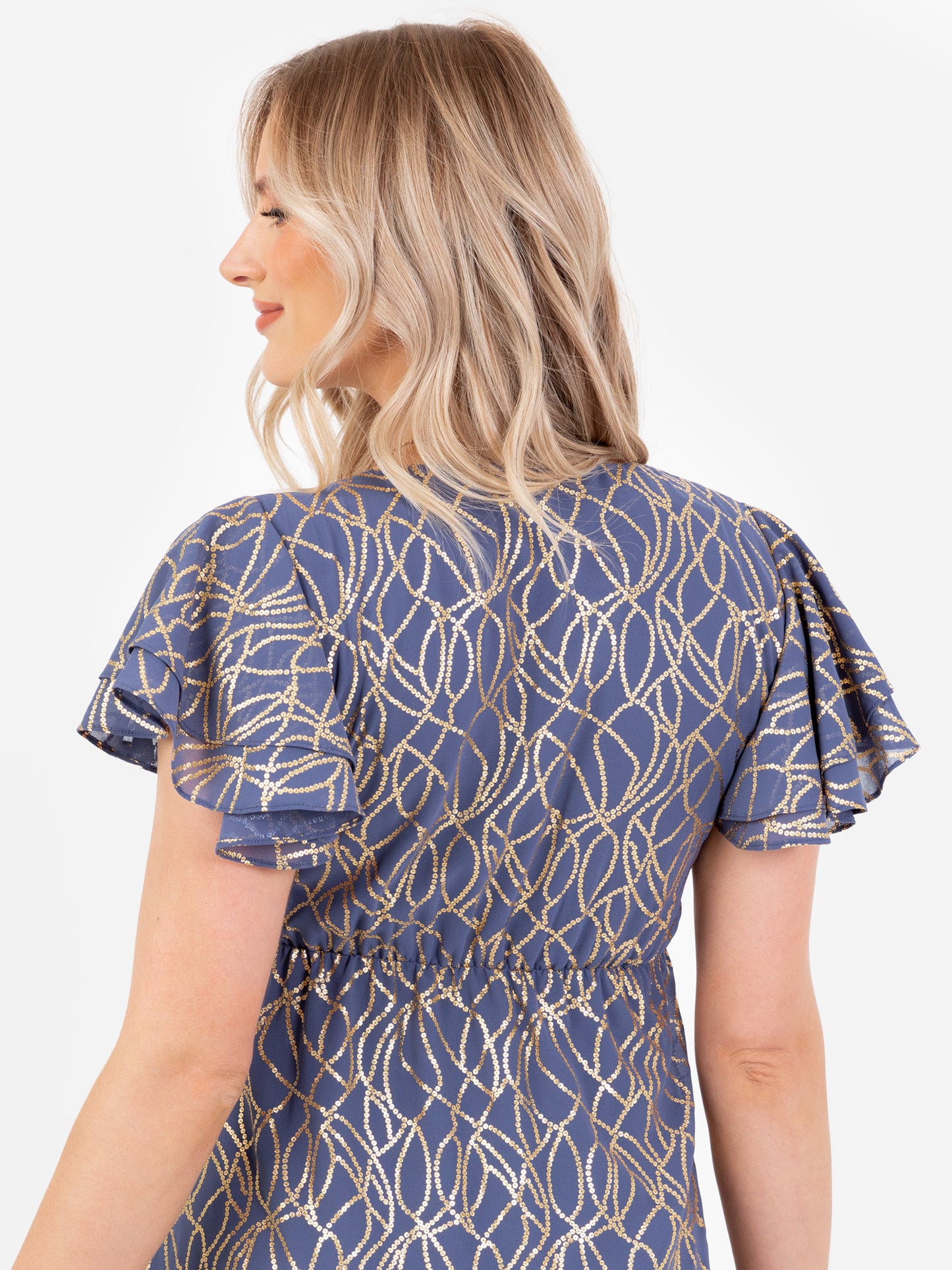 Lovedrobe V Neck Flutter Sleeve Midaxi Dress with Gold Detail