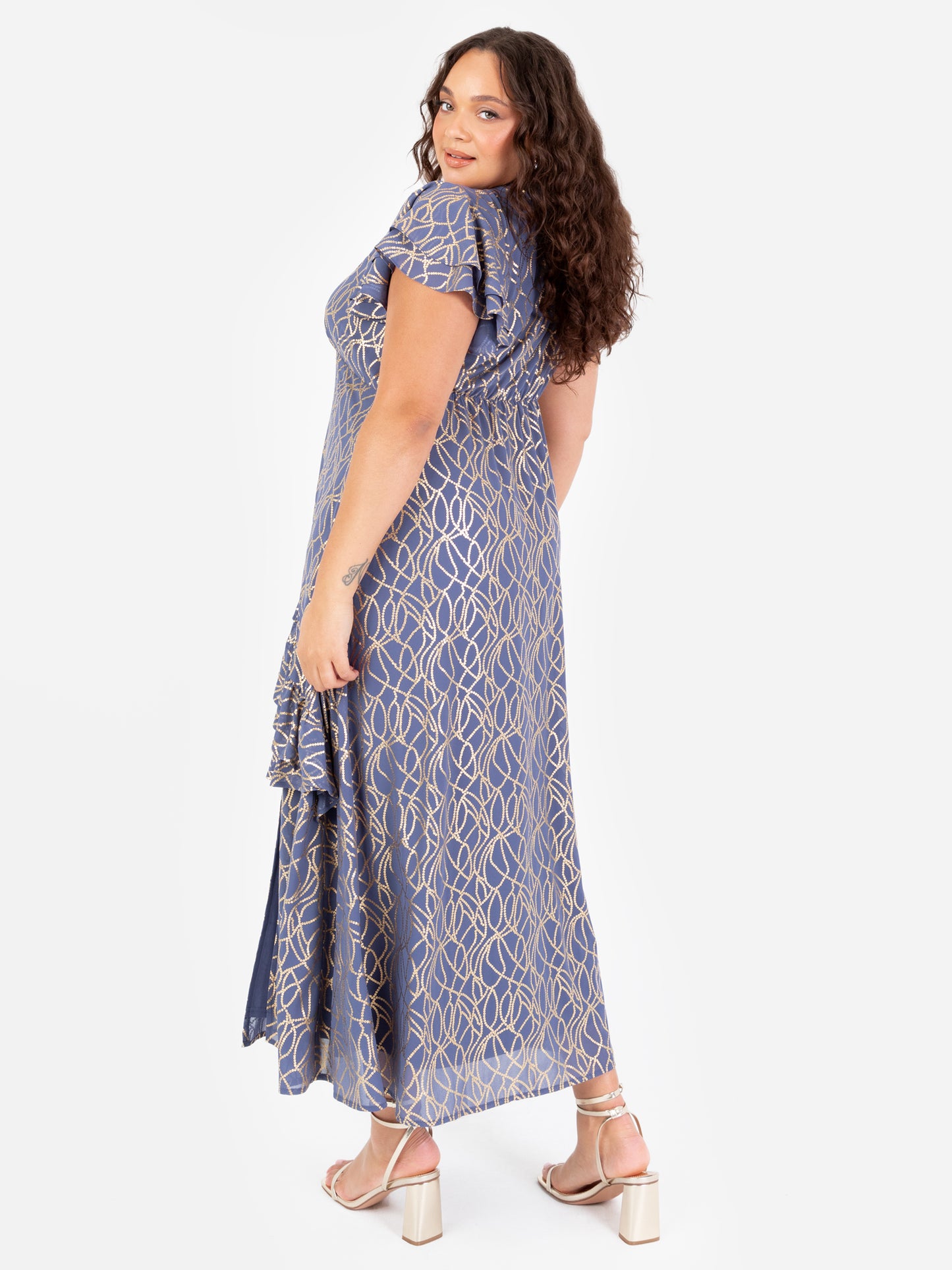 Lovedrobe V Neck Flutter Sleeve Midaxi Dress with Gold Detail