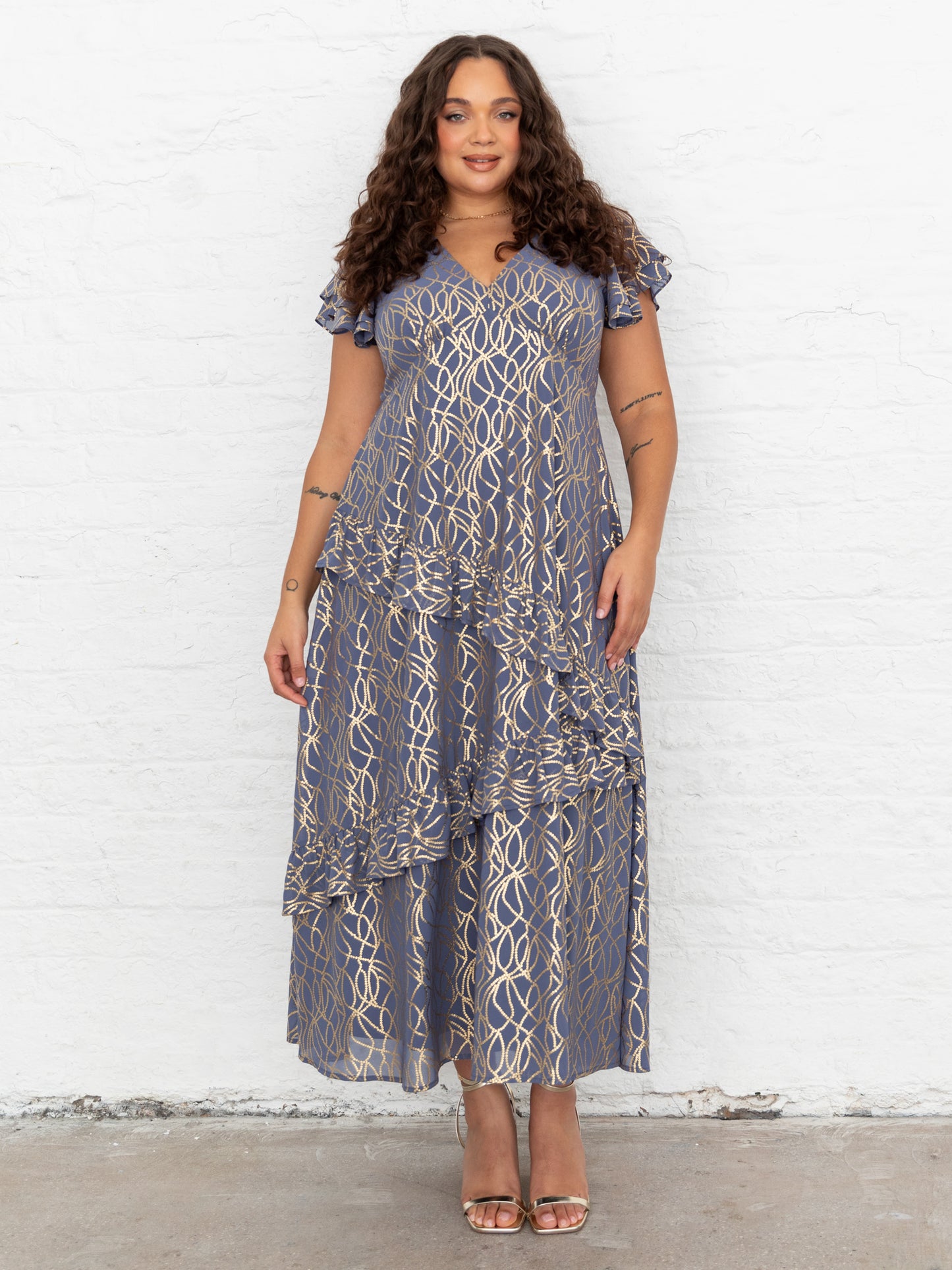 Lovedrobe V Neck Flutter Sleeve Midaxi Dress with Gold Detail