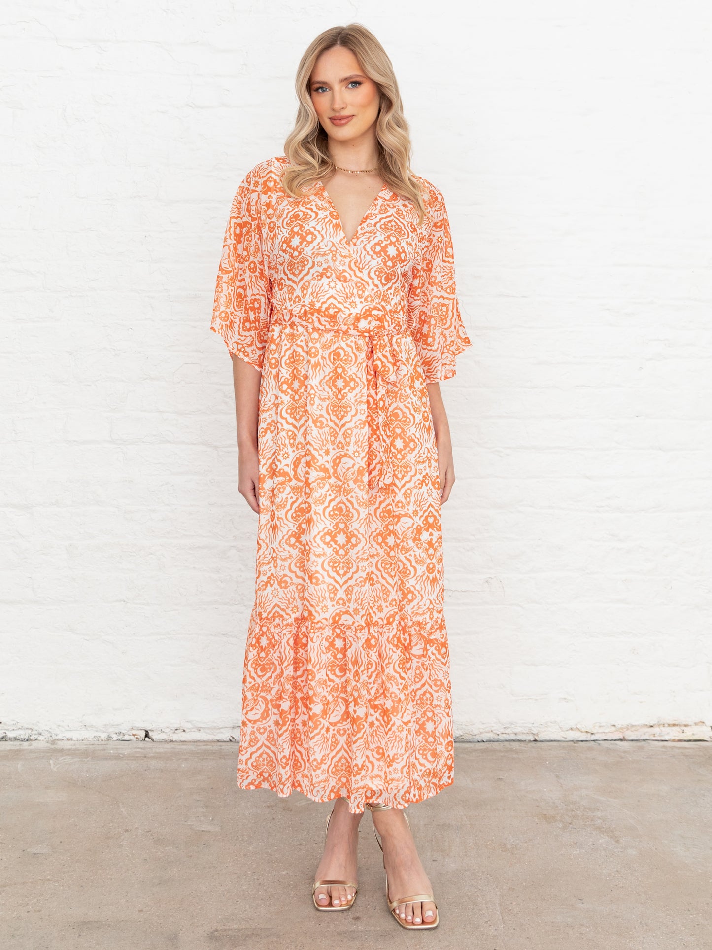 Lovedrobe Orange Faux Wrap Kimono Sleeve Midaxi Dress
