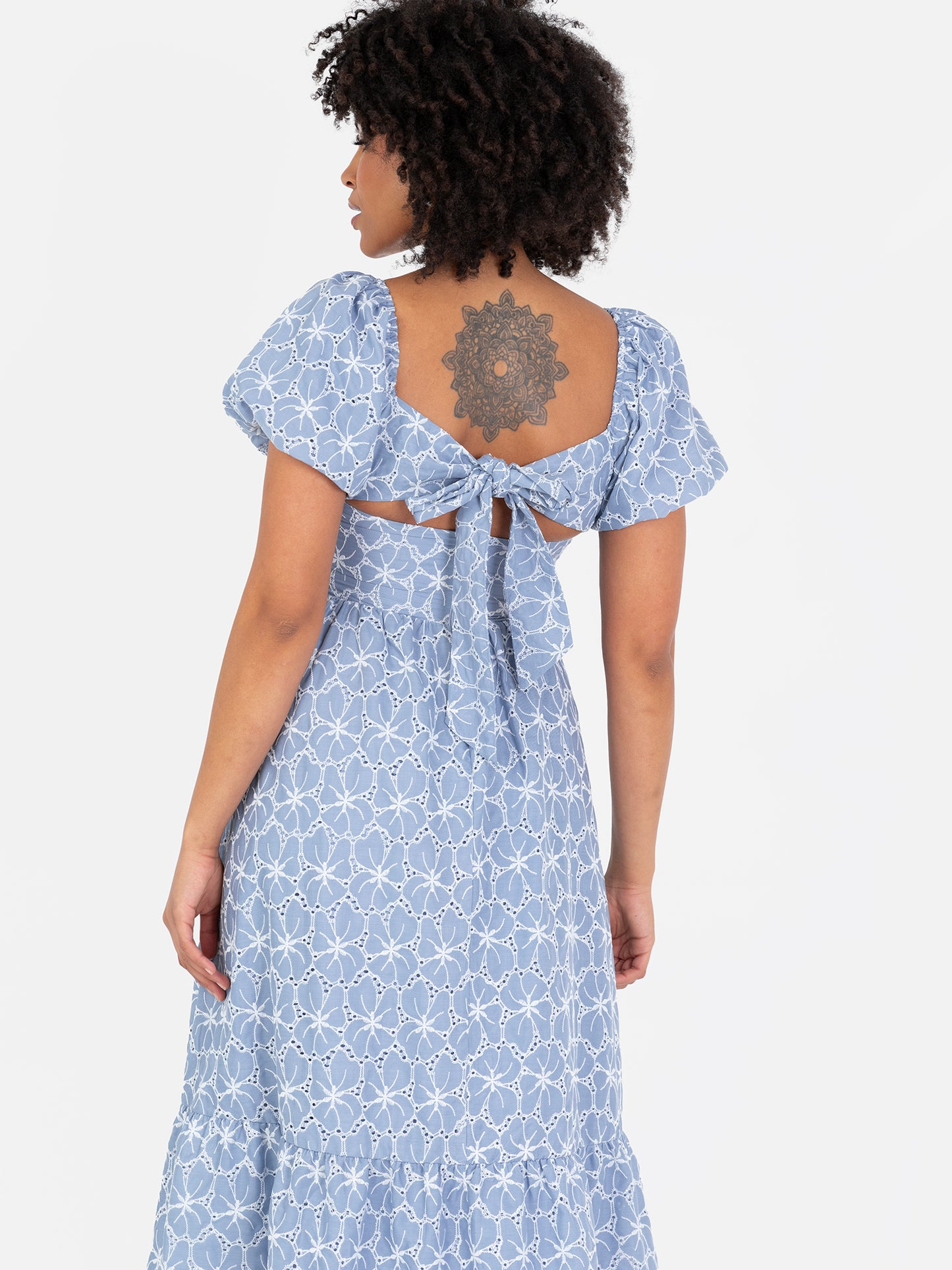 Lovedrobe Blue Short Puff Sleeve Midi Dress with Bow Detail