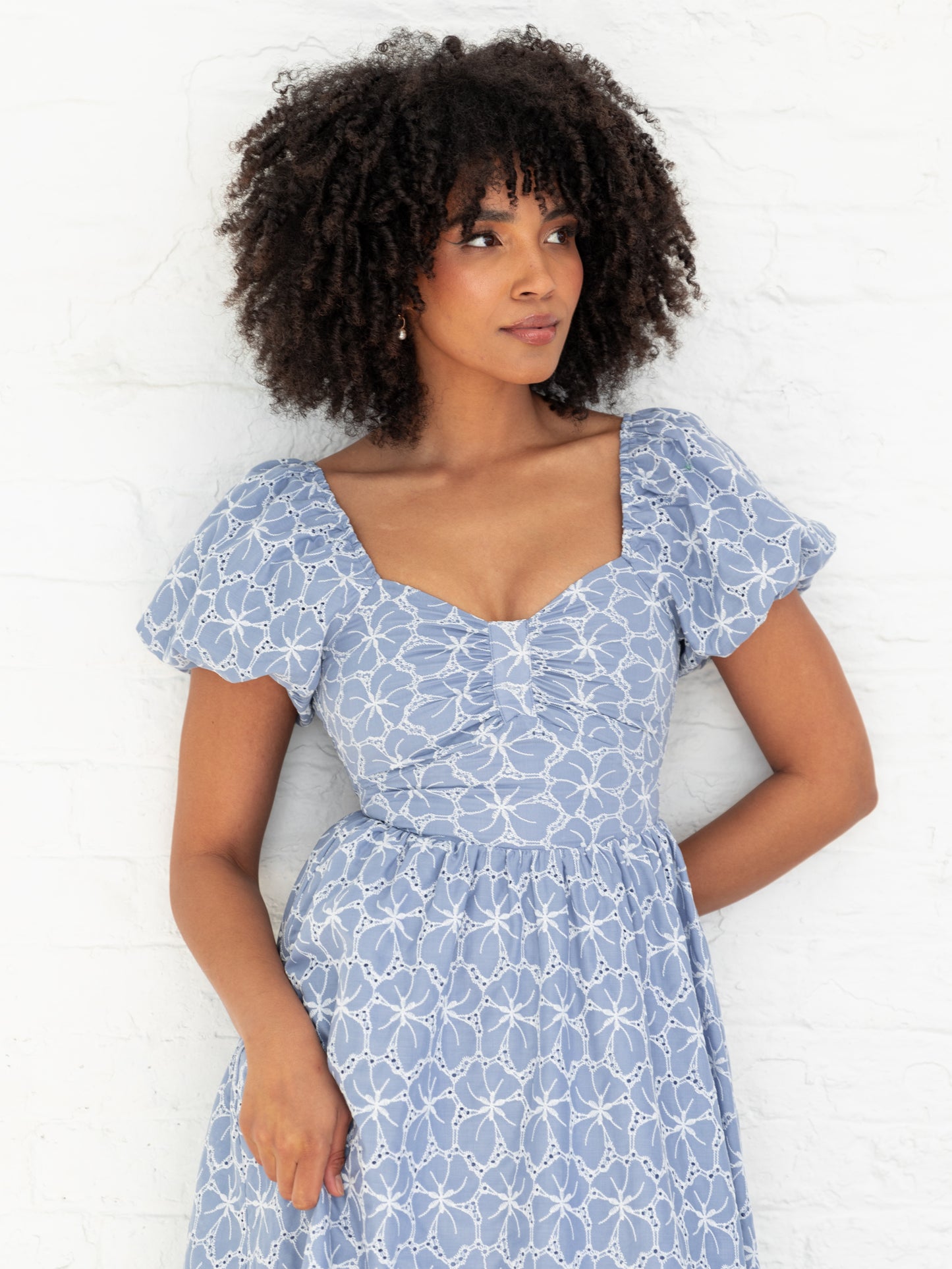 Lovedrobe Blue Short Puff Sleeve Midi Dress with Bow Detail