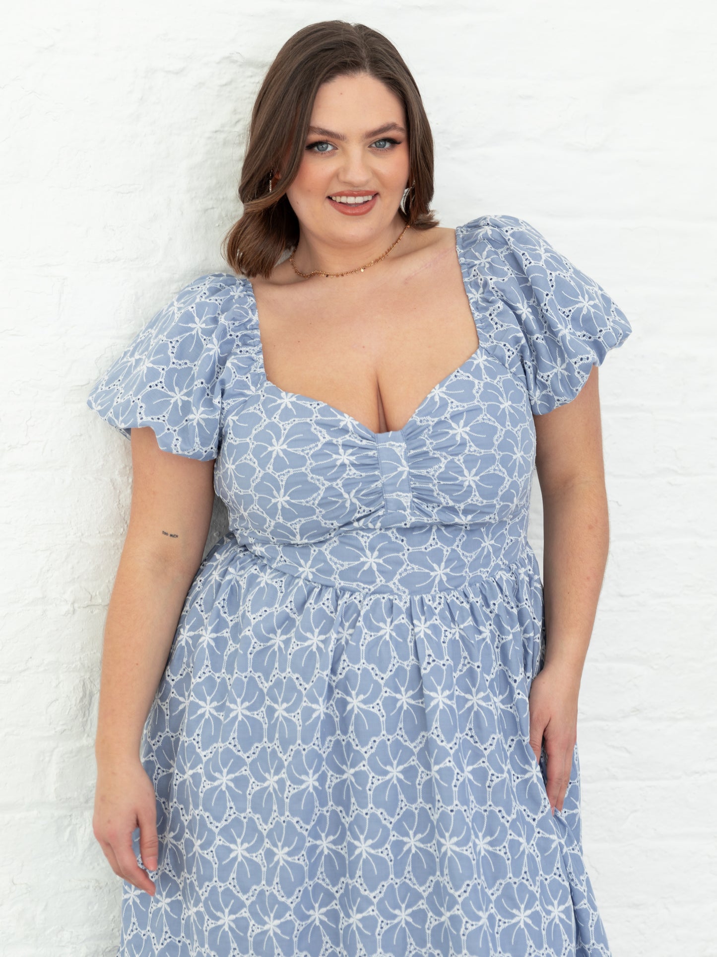 Lovedrobe Blue Short Puff Sleeve Midi Dress with Bow Detail