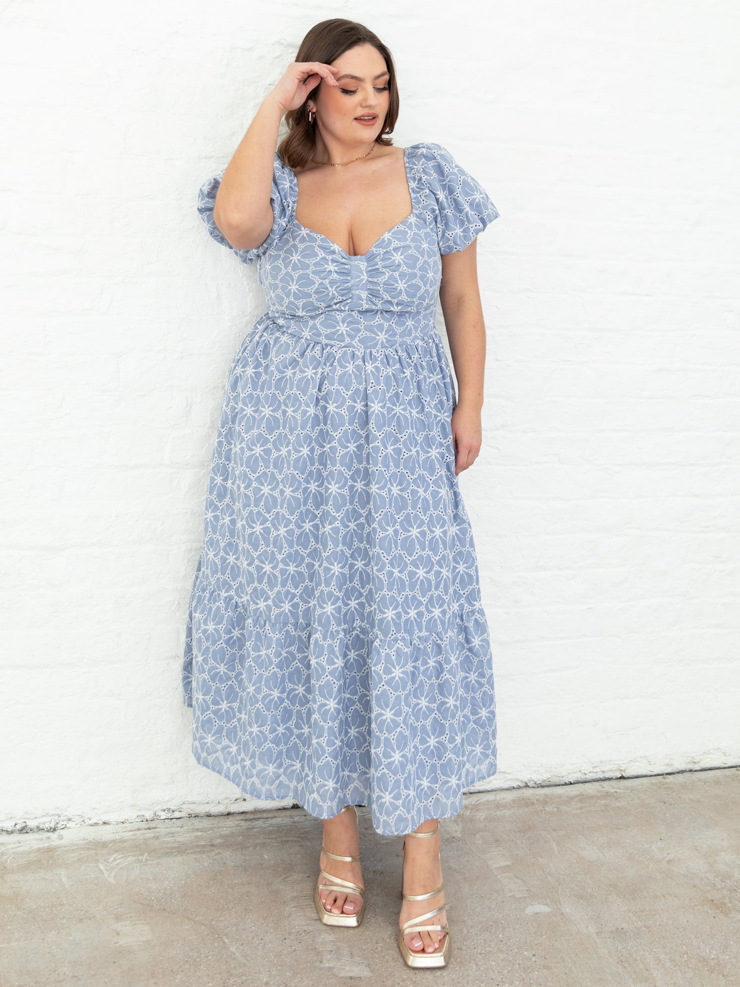 Lovedrobe Blue Short Puff Sleeve Midi Dress with Bow Detail
