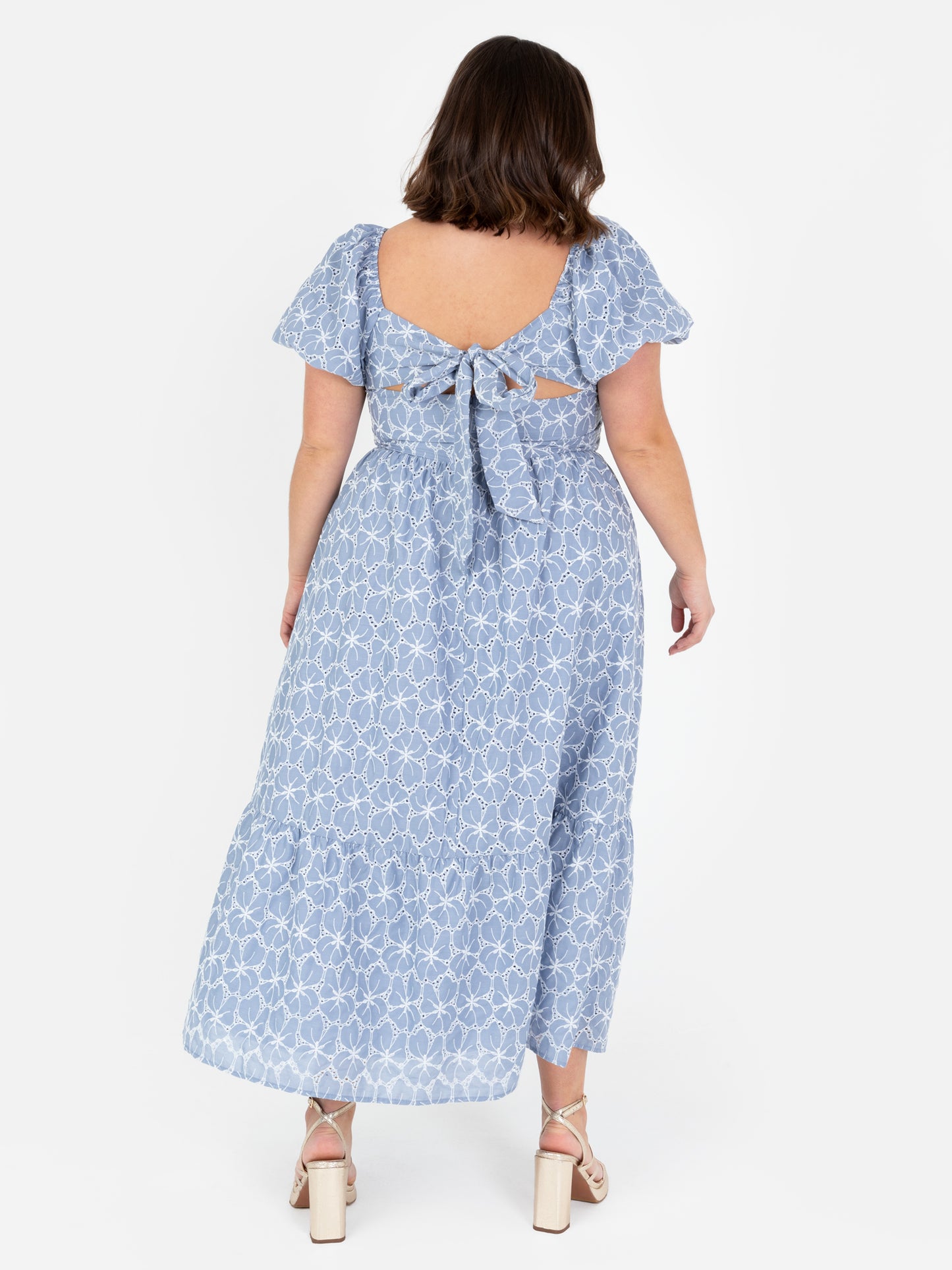Lovedrobe Blue Short Puff Sleeve Midi Dress with Bow Detail