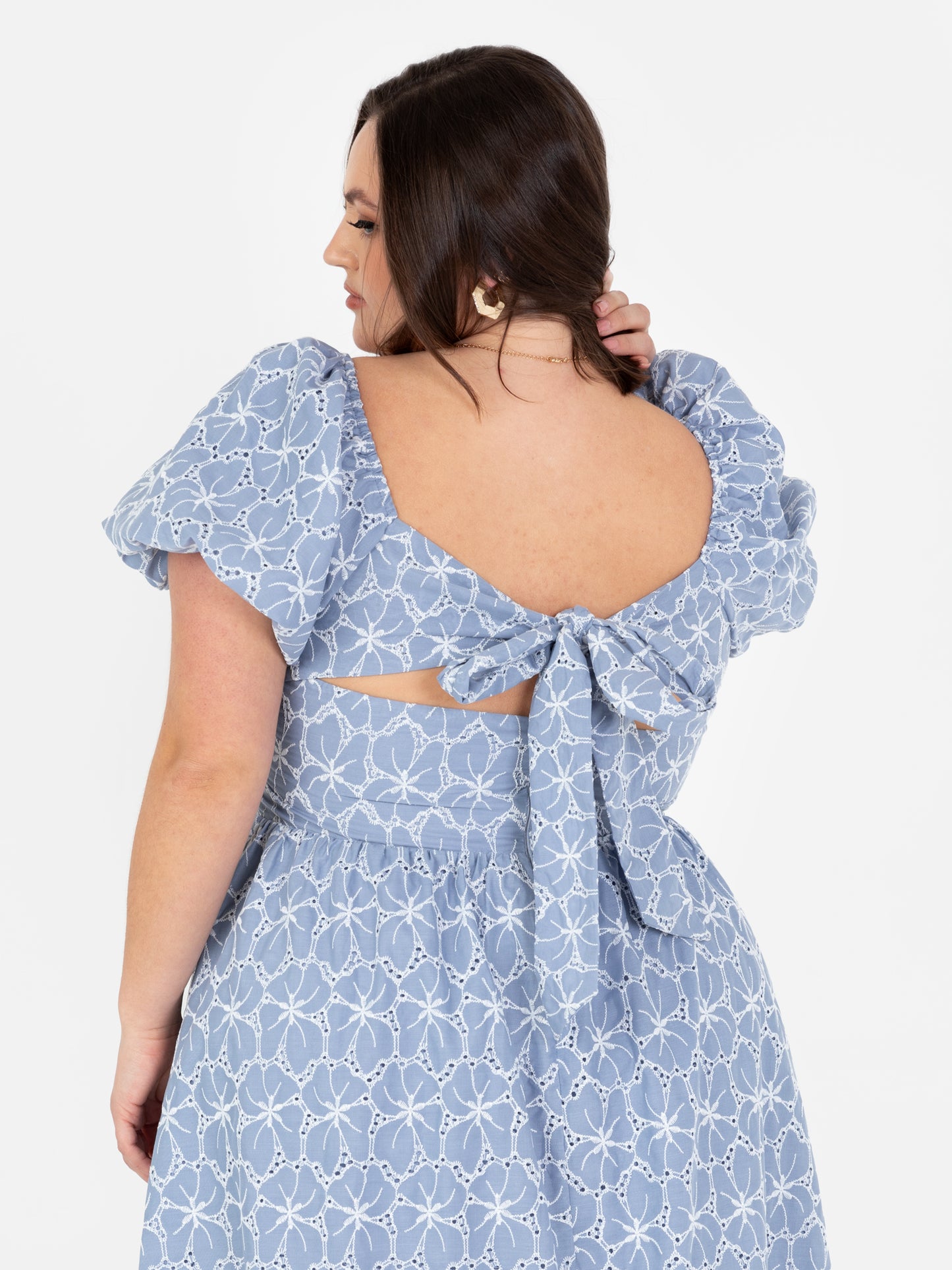 Lovedrobe Blue Short Puff Sleeve Midi Dress with Bow Detail