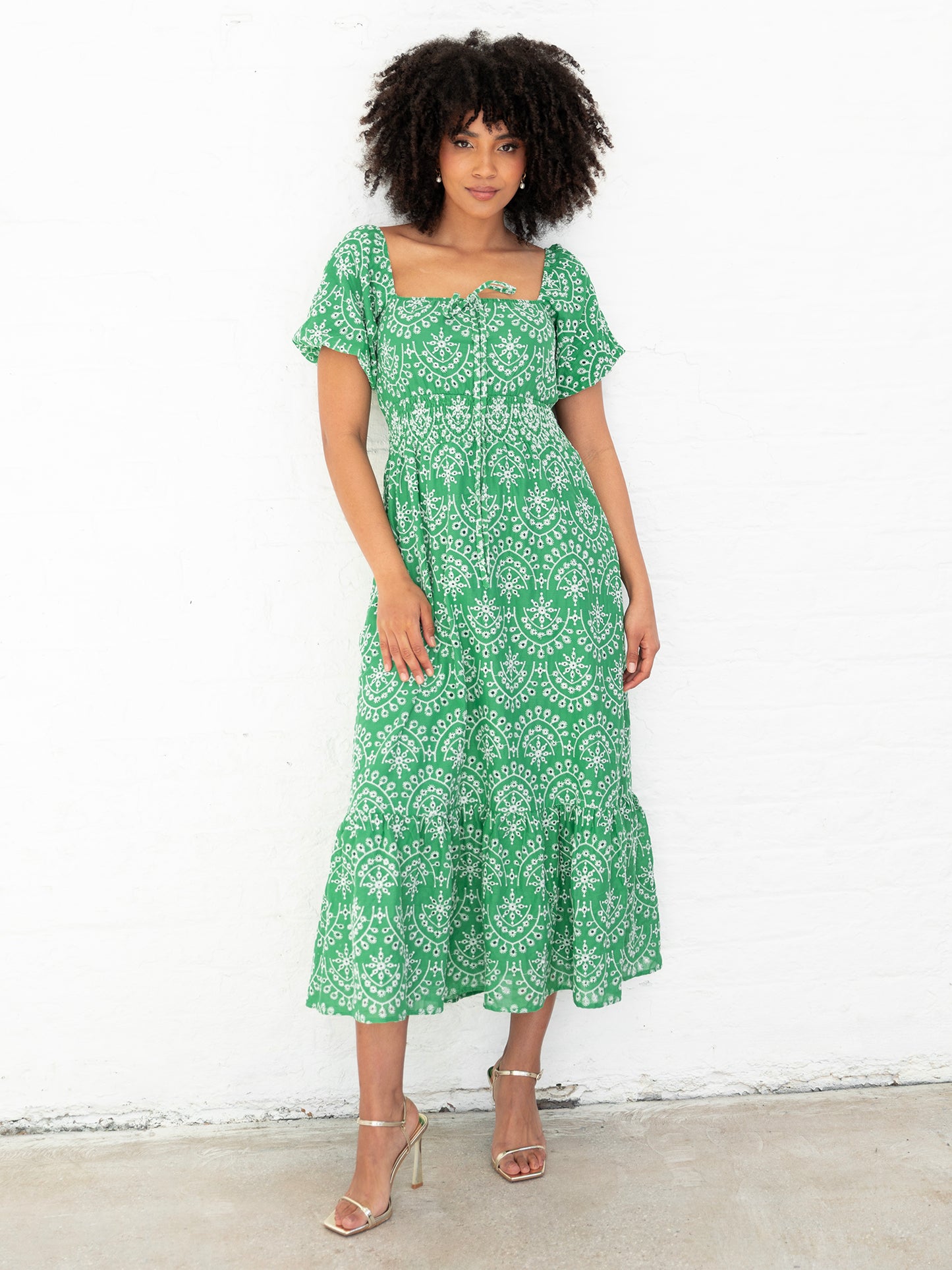 Lovedrobe Green Broderie Tie Neck Midaxi Dress