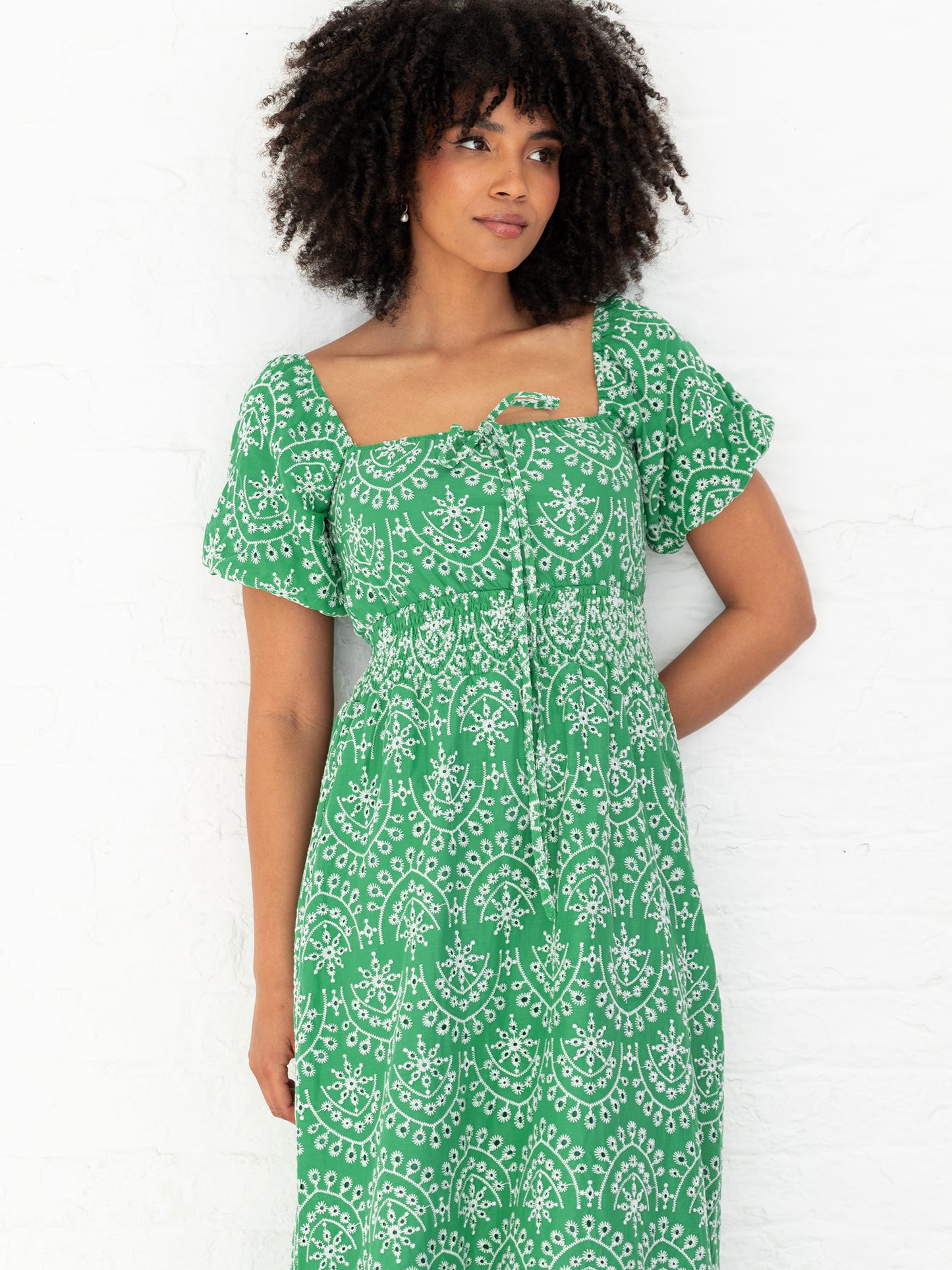 Lovedrobe Green Broderie Tie Neck Midaxi Dress