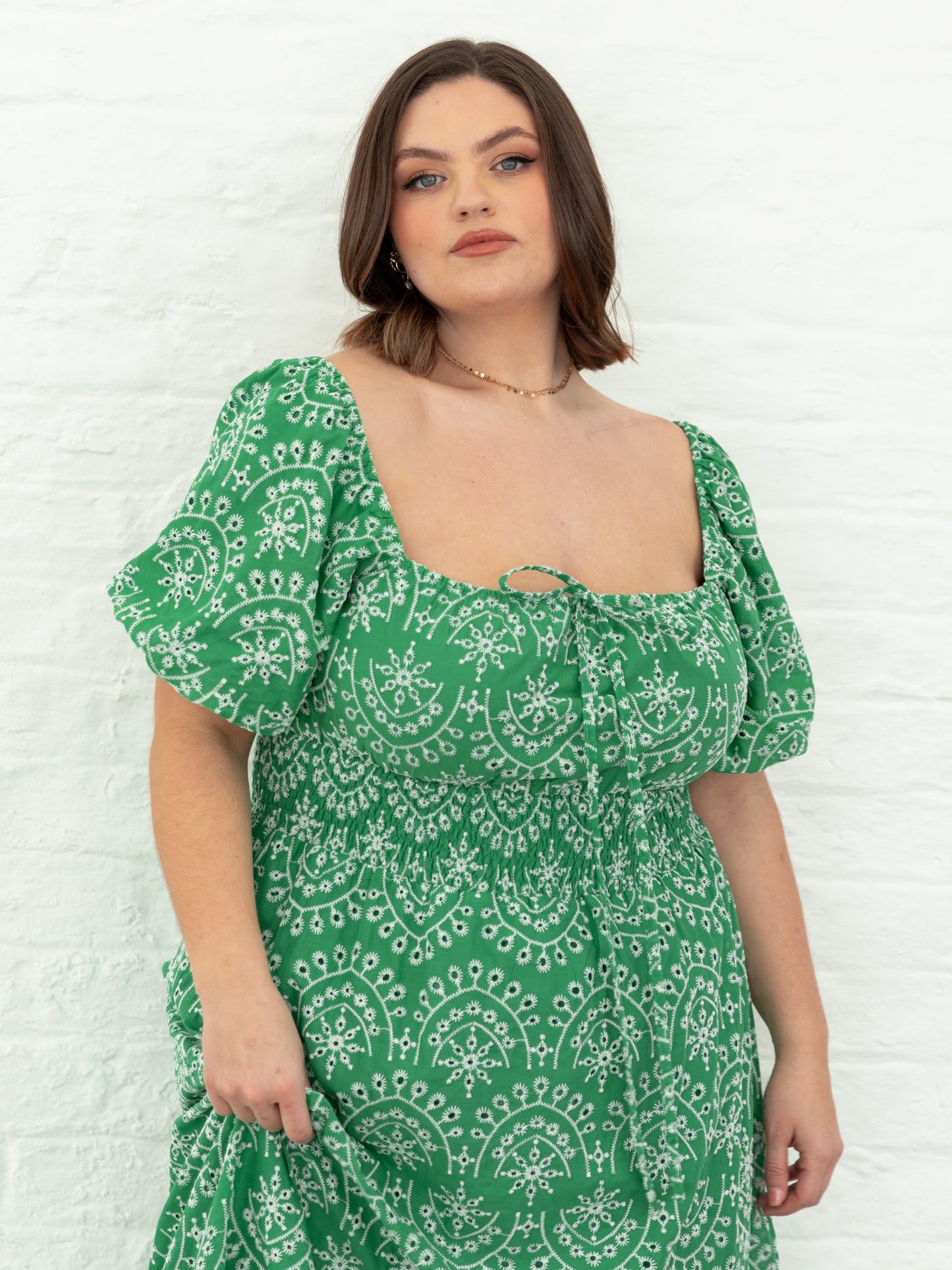 Lovedrobe Green Broderie Tie Neck Midaxi Dress