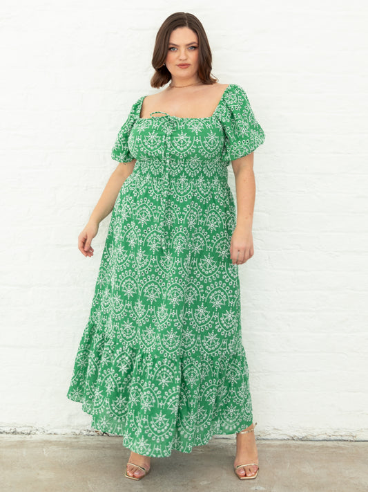 Lovedrobe Green Broderie Tie Neck Midaxi Dress