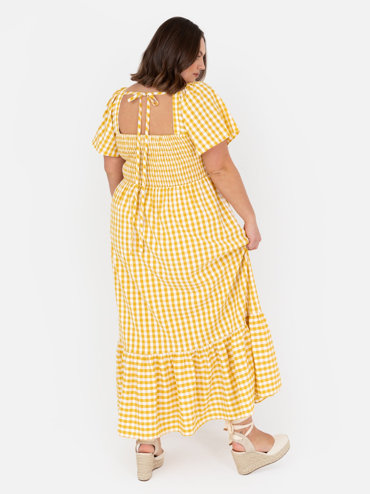 Lovedrobe Yellow Gingham Angel Sleeve & Square Neck Midaxi Dress