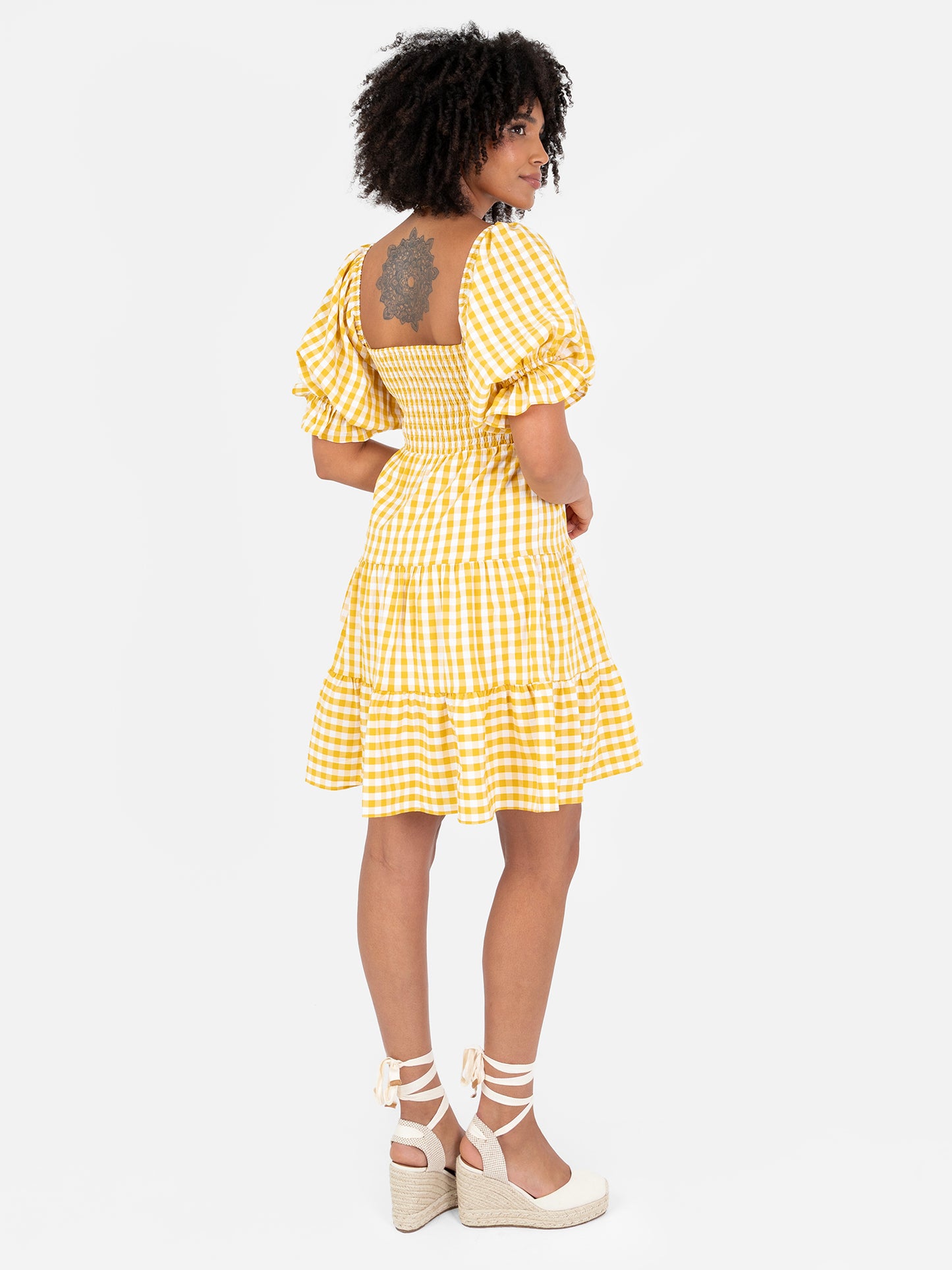 Lovedrobe Yellow Gingham Milkmaid Puff Sleeve Mini Dress