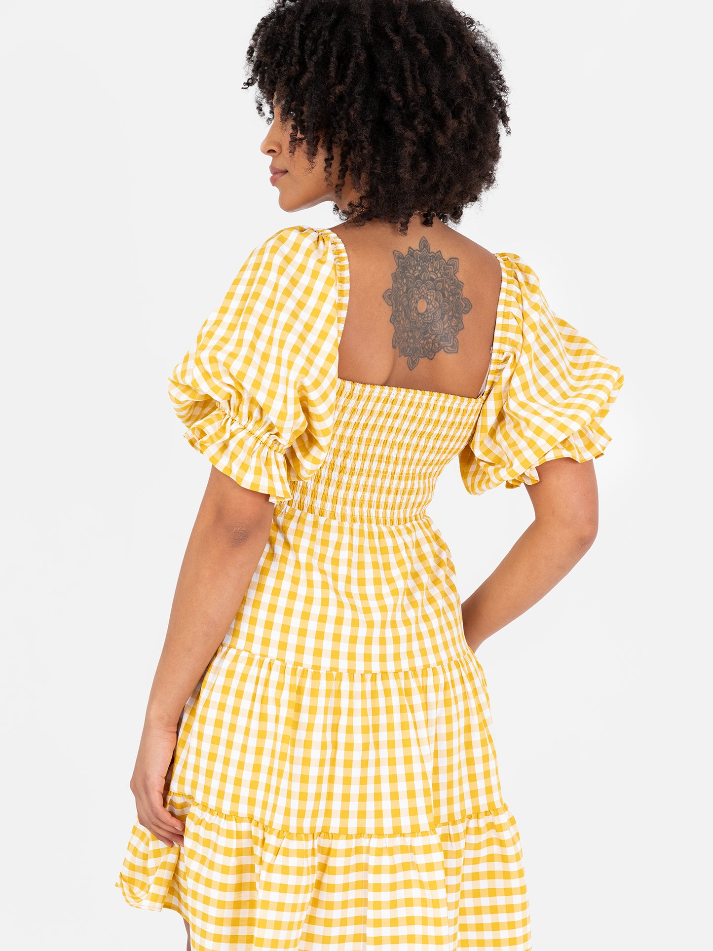 Lovedrobe Yellow Gingham Milkmaid Puff Sleeve Mini Dress