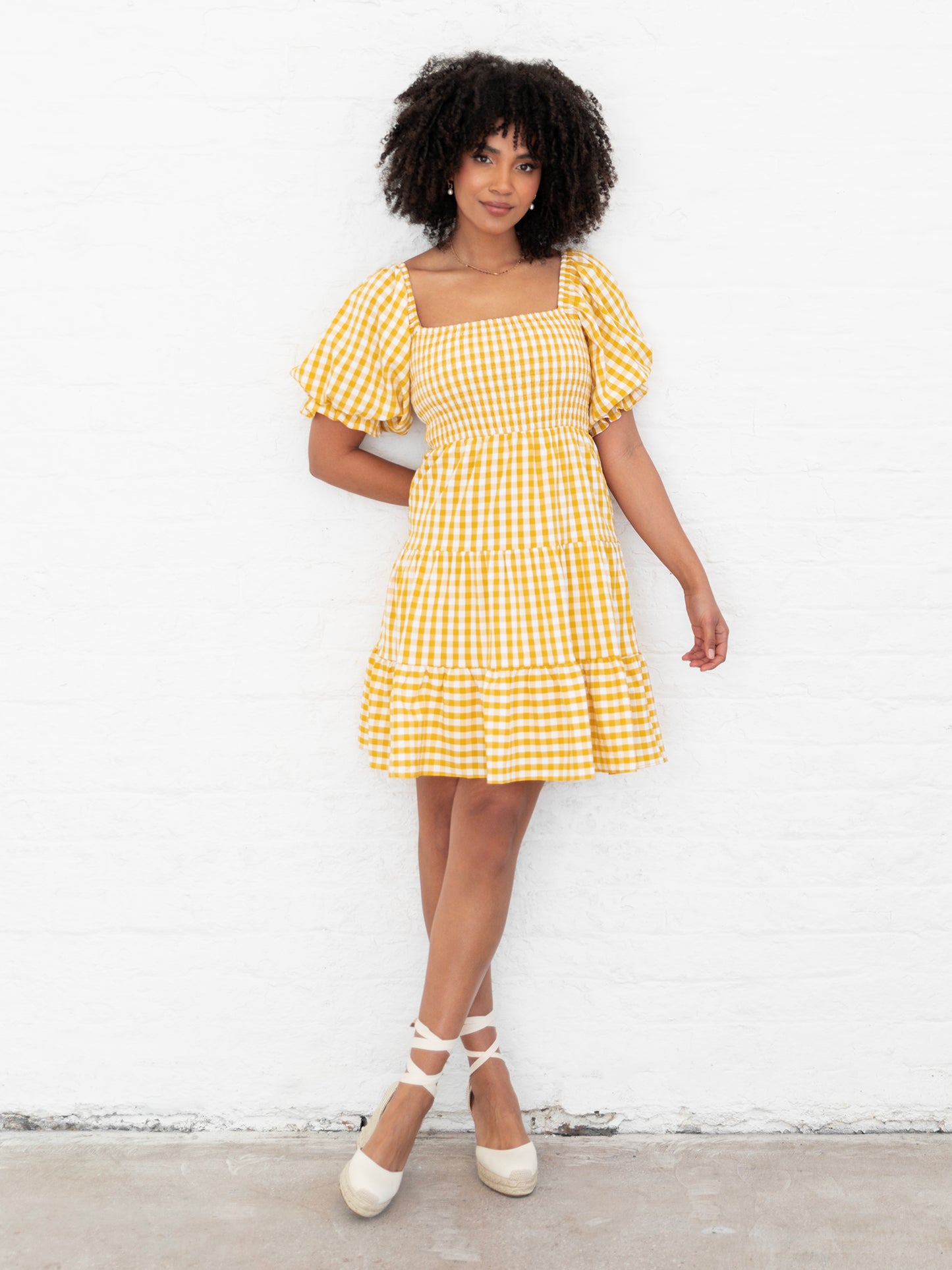 Lovedrobe Yellow Gingham Milkmaid Puff Sleeve Mini Dress