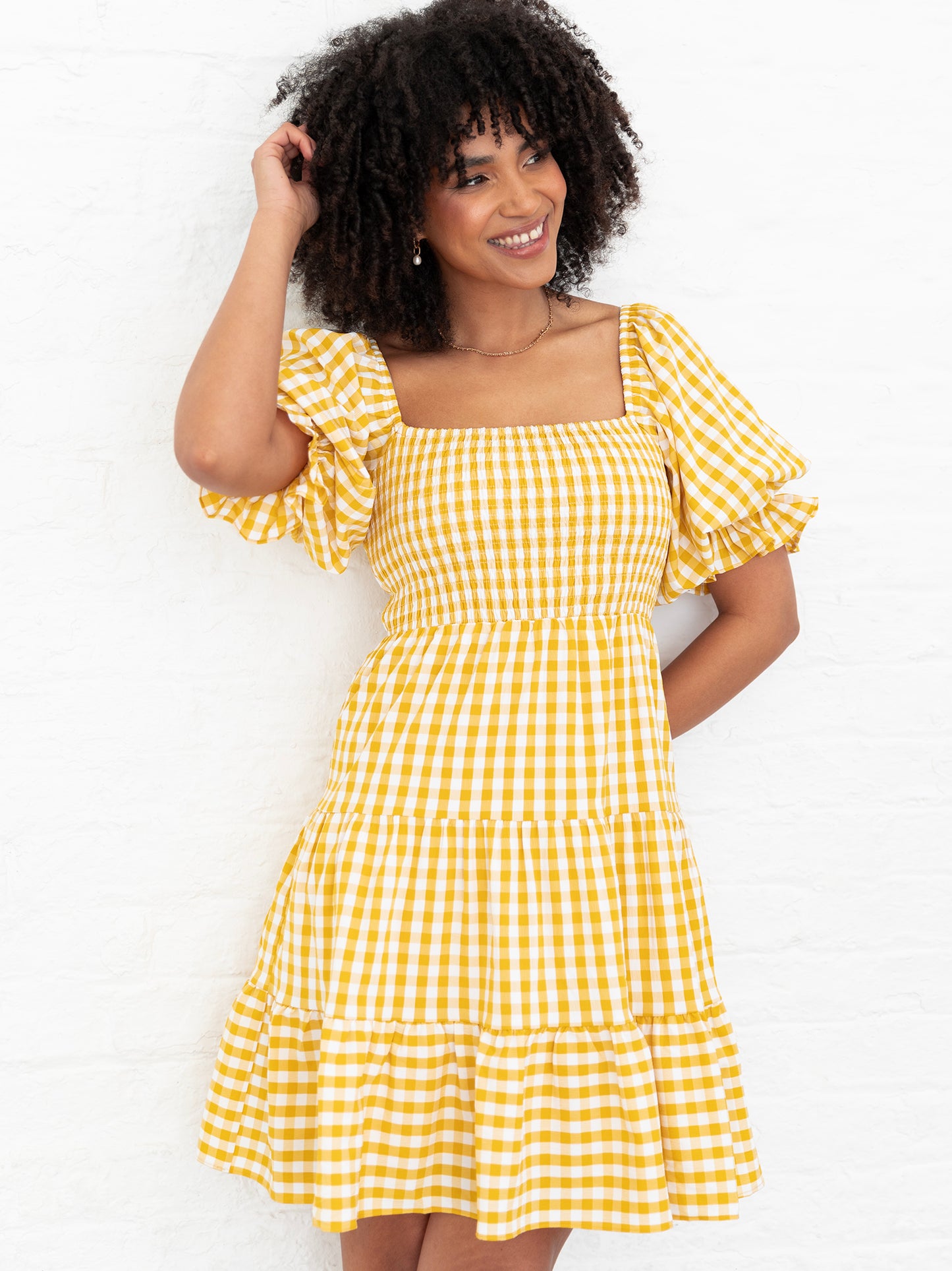 Lovedrobe Yellow Gingham Milkmaid Puff Sleeve Mini Dress
