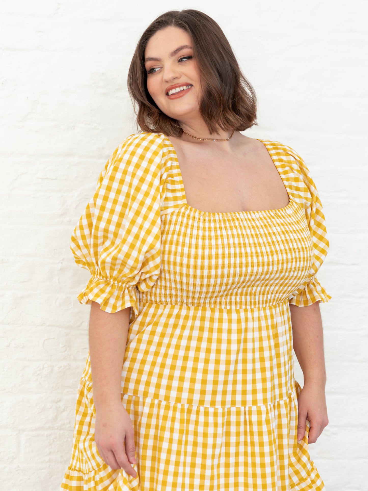 Lovedrobe Yellow Gingham Milkmaid Puff Sleeve Mini Dress