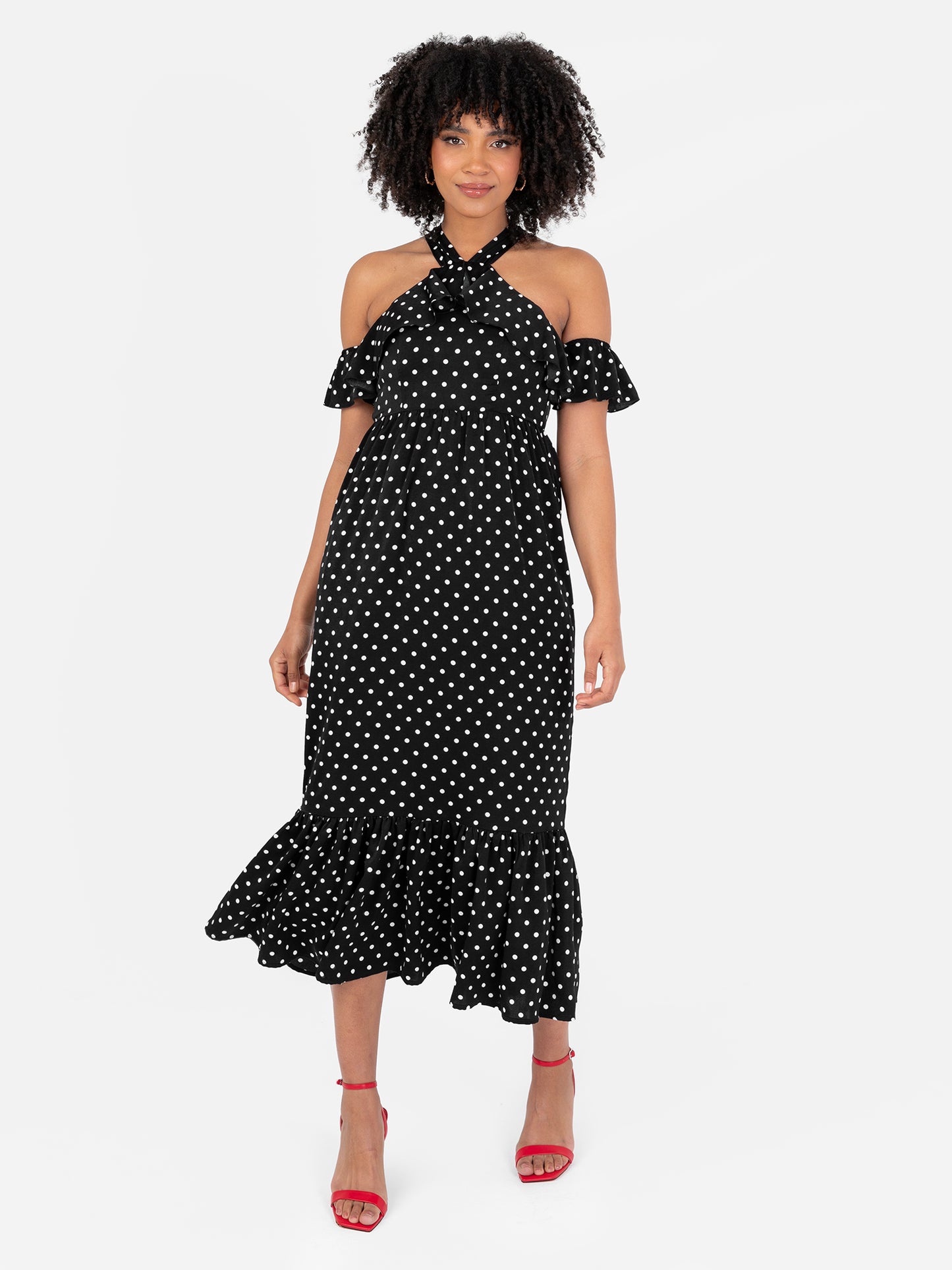 Lovedrobe Black Polka Dot Cold Shoulder Halter Neck Midaxi Dress