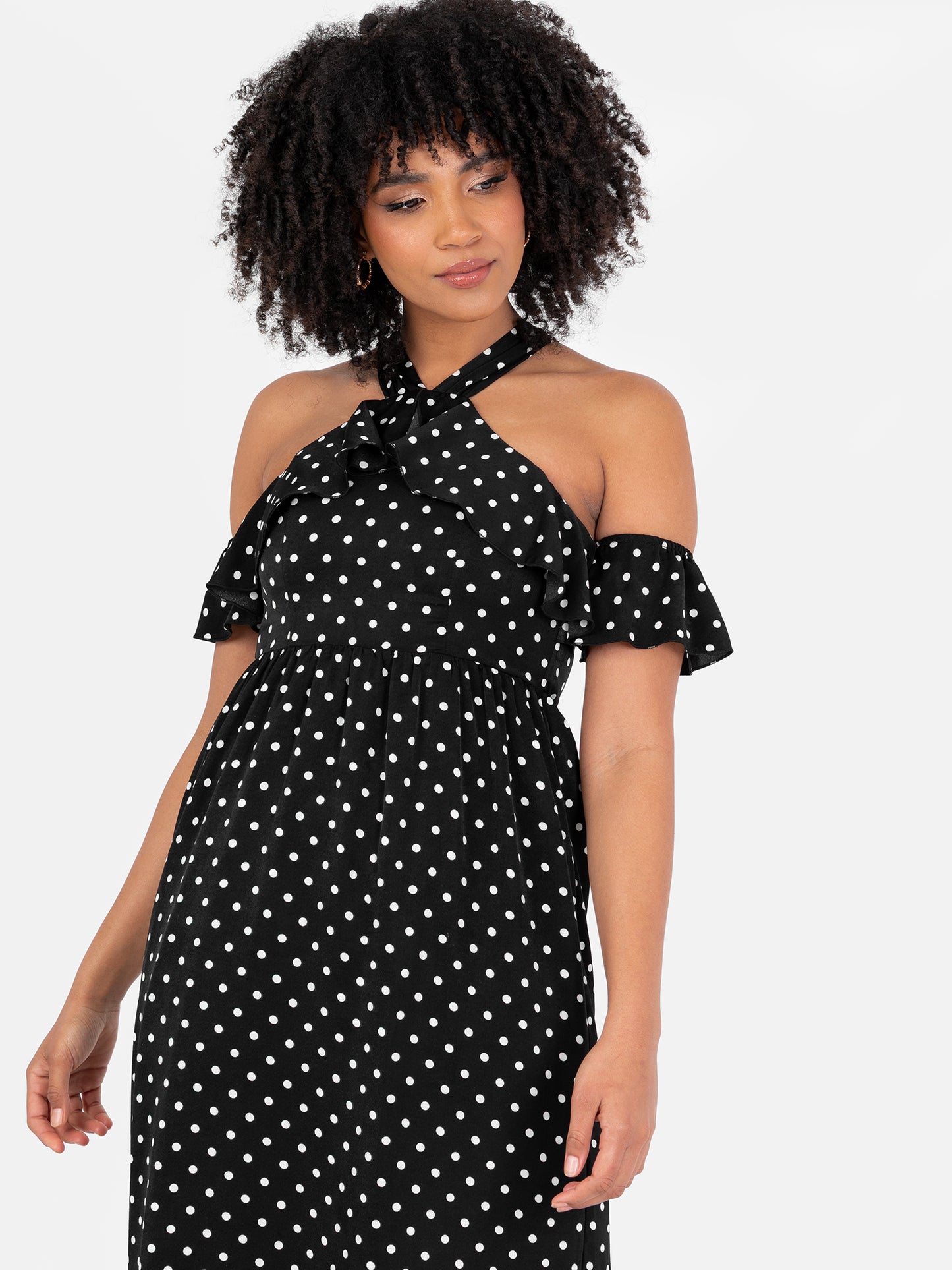 Lovedrobe Black Polka Dot Cold Shoulder Halter Neck Midaxi Dress