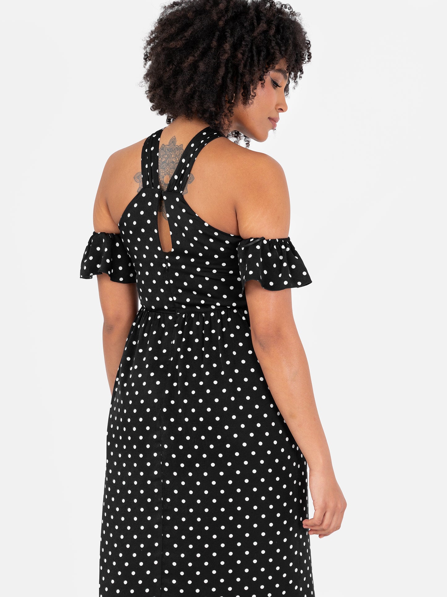 Lovedrobe Black Polka Dot Cold Shoulder Halter Neck Midaxi Dress